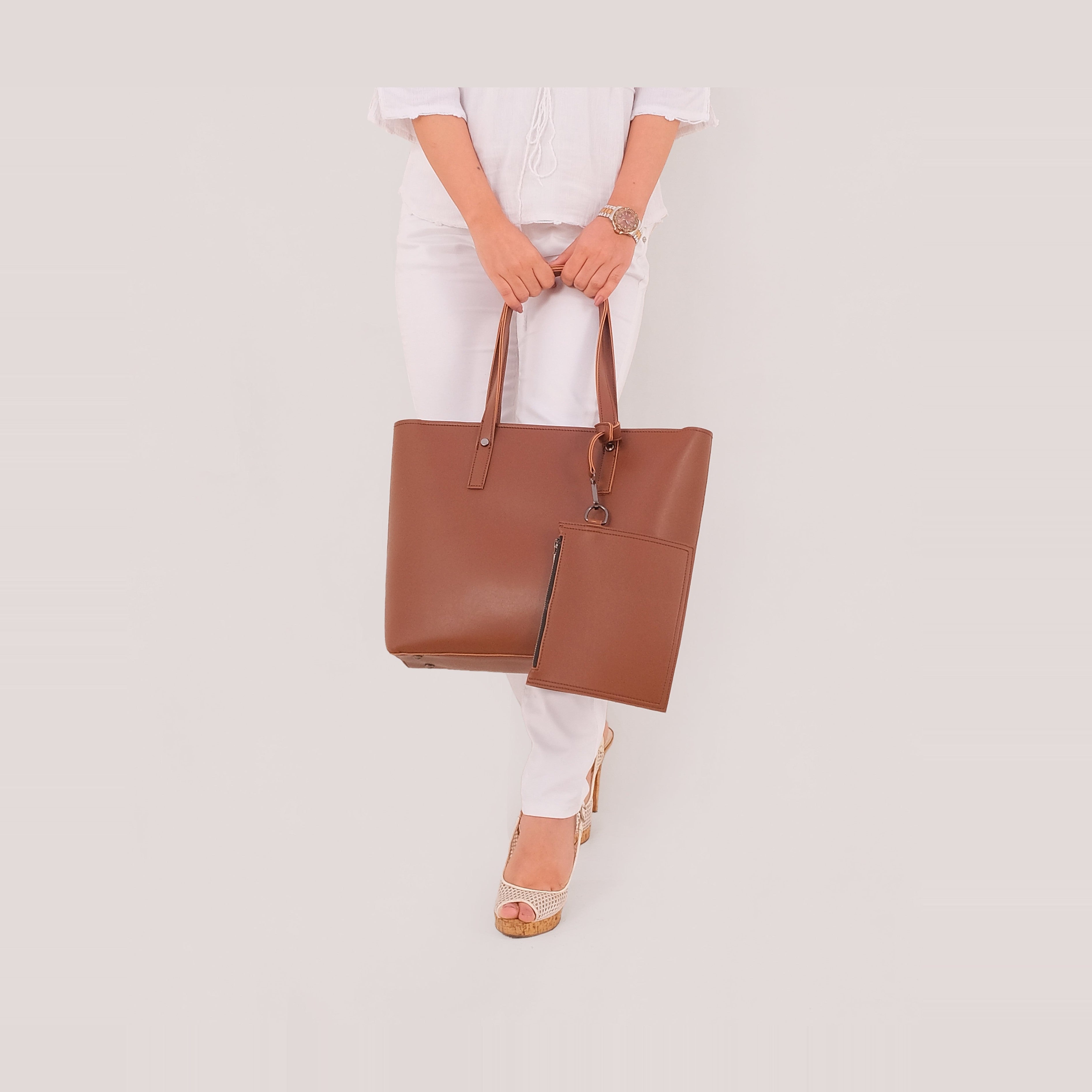 Brown tote bag with detachable pouch