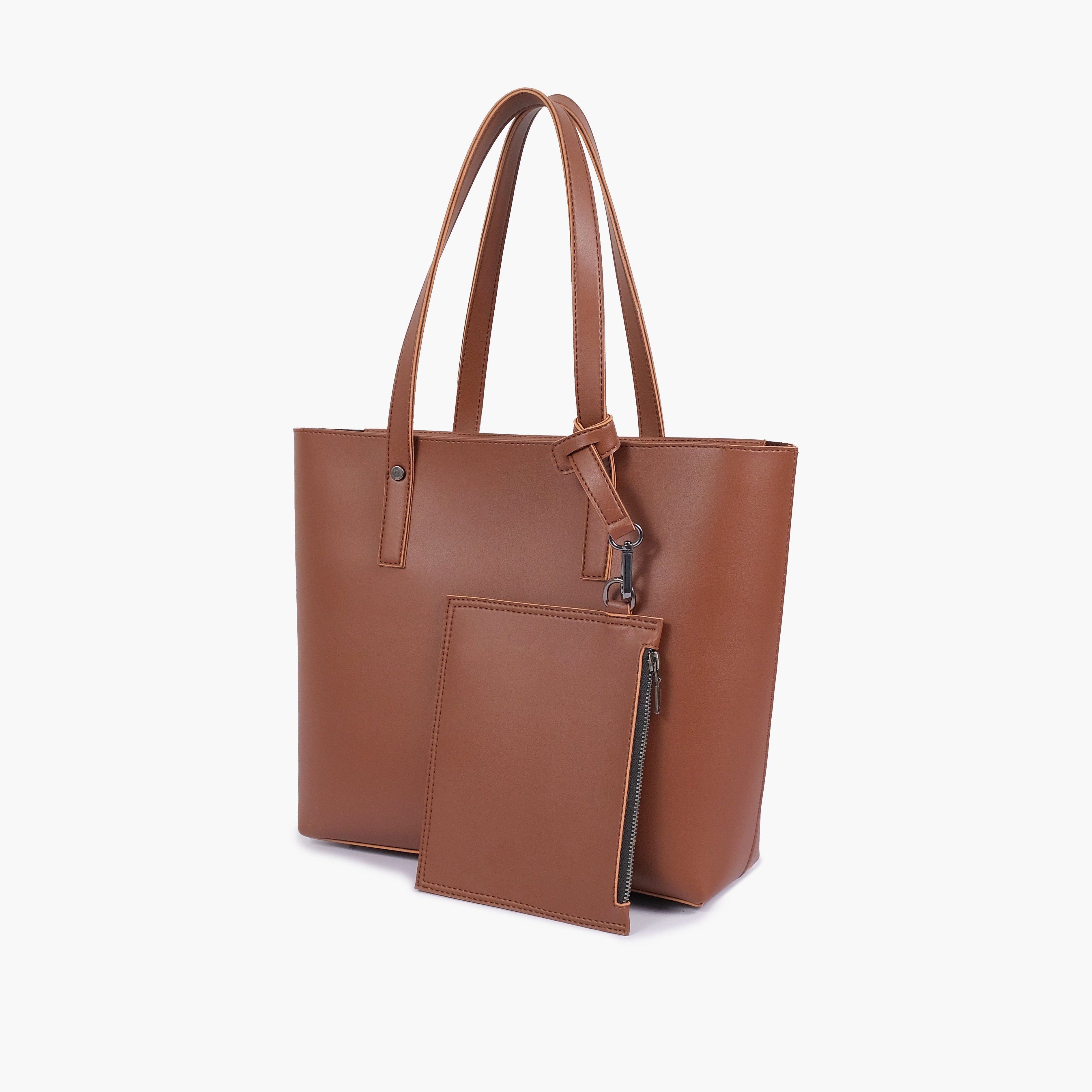 Brown tote bag with detachable pouch