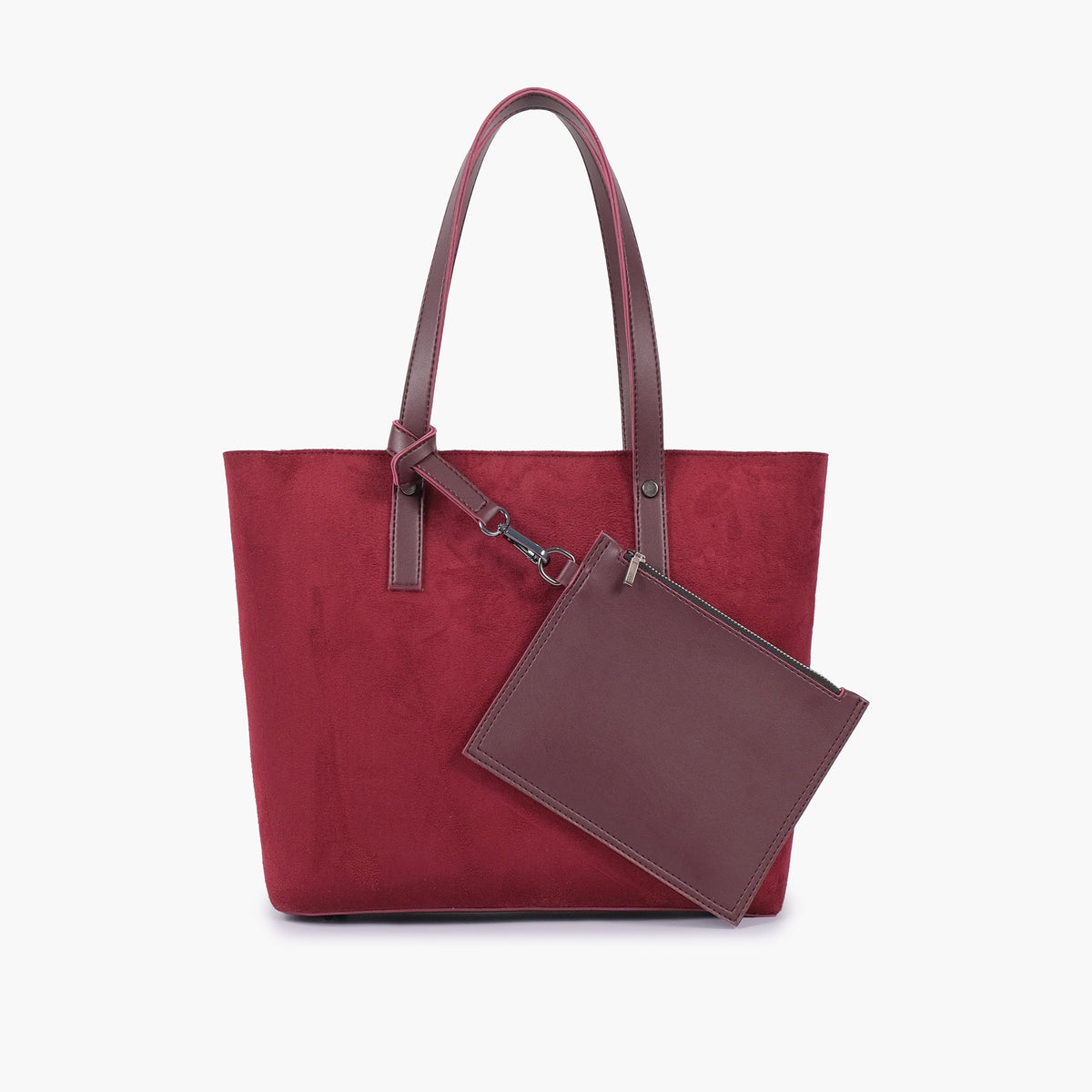 Burgundy suede tote bag with detachable pouch