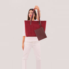 Burgundy suede tote bag with detachable pouch