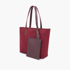 Burgundy suede tote bag with detachable pouch