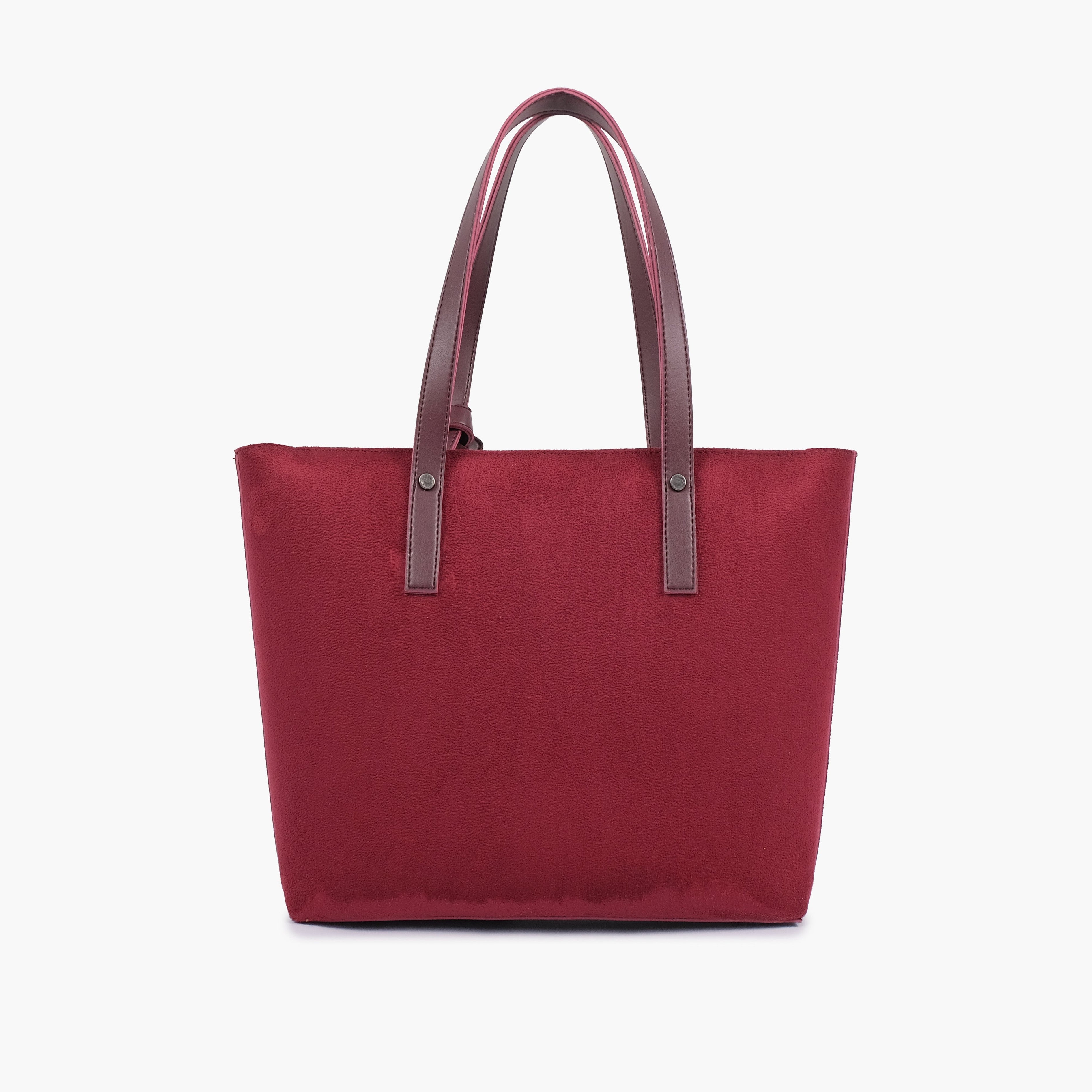 Burgundy suede tote bag with detachable pouch