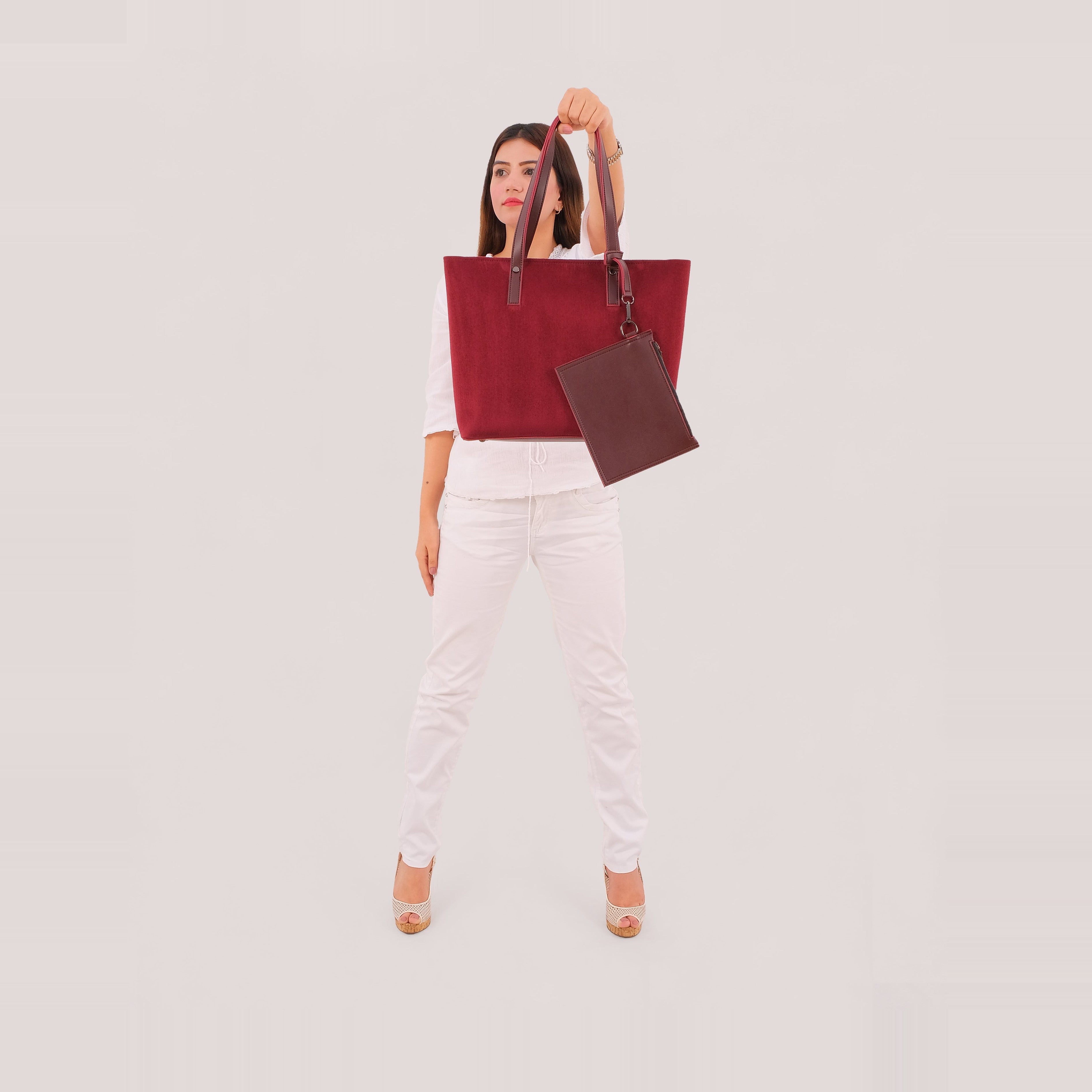 Burgundy suede tote bag with detachable pouch