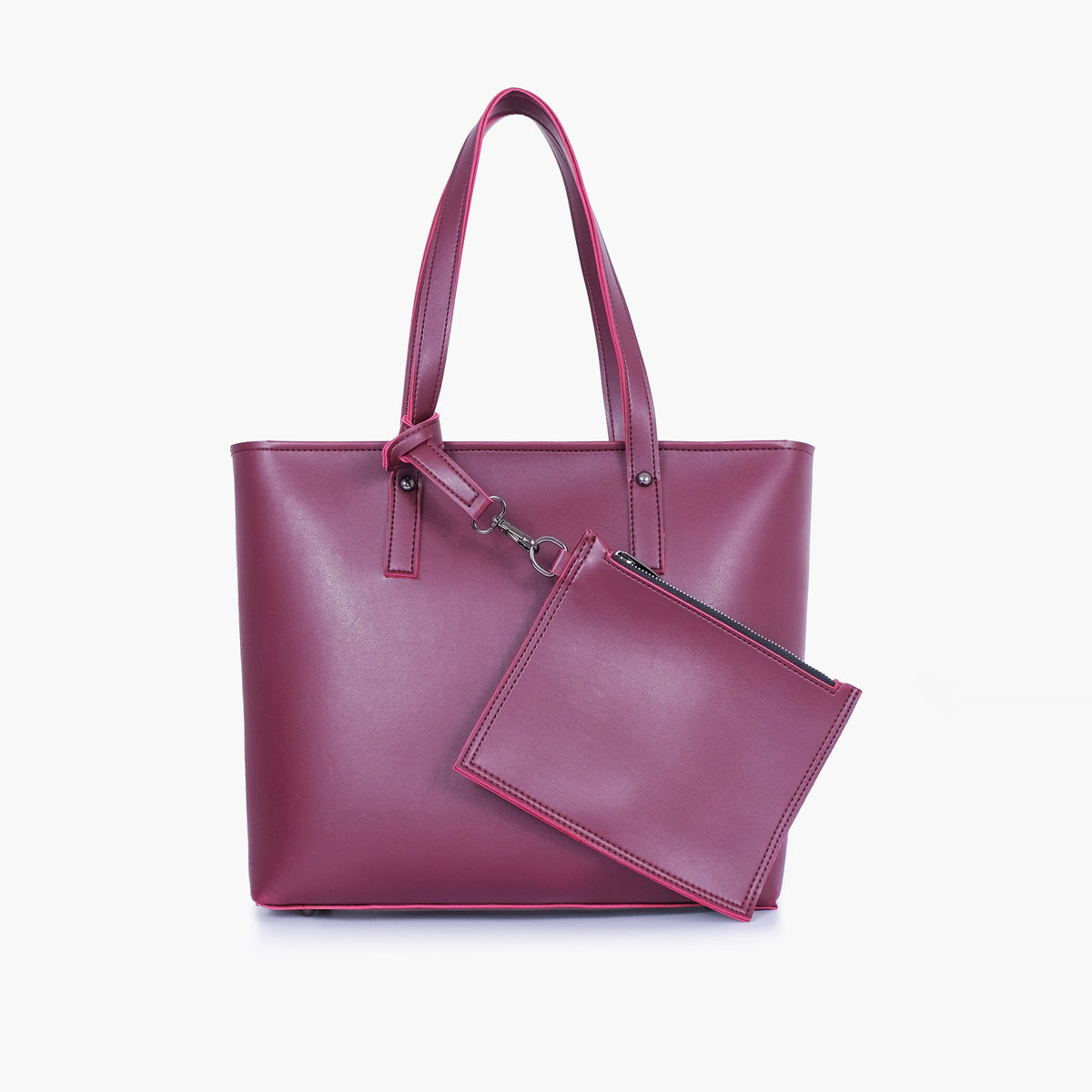 Burgundy tote bag with detachable pouch