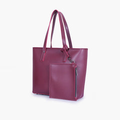 Burgundy tote bag with detachable pouch