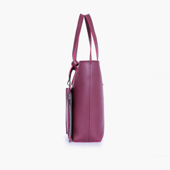 Burgundy tote bag with detachable pouch