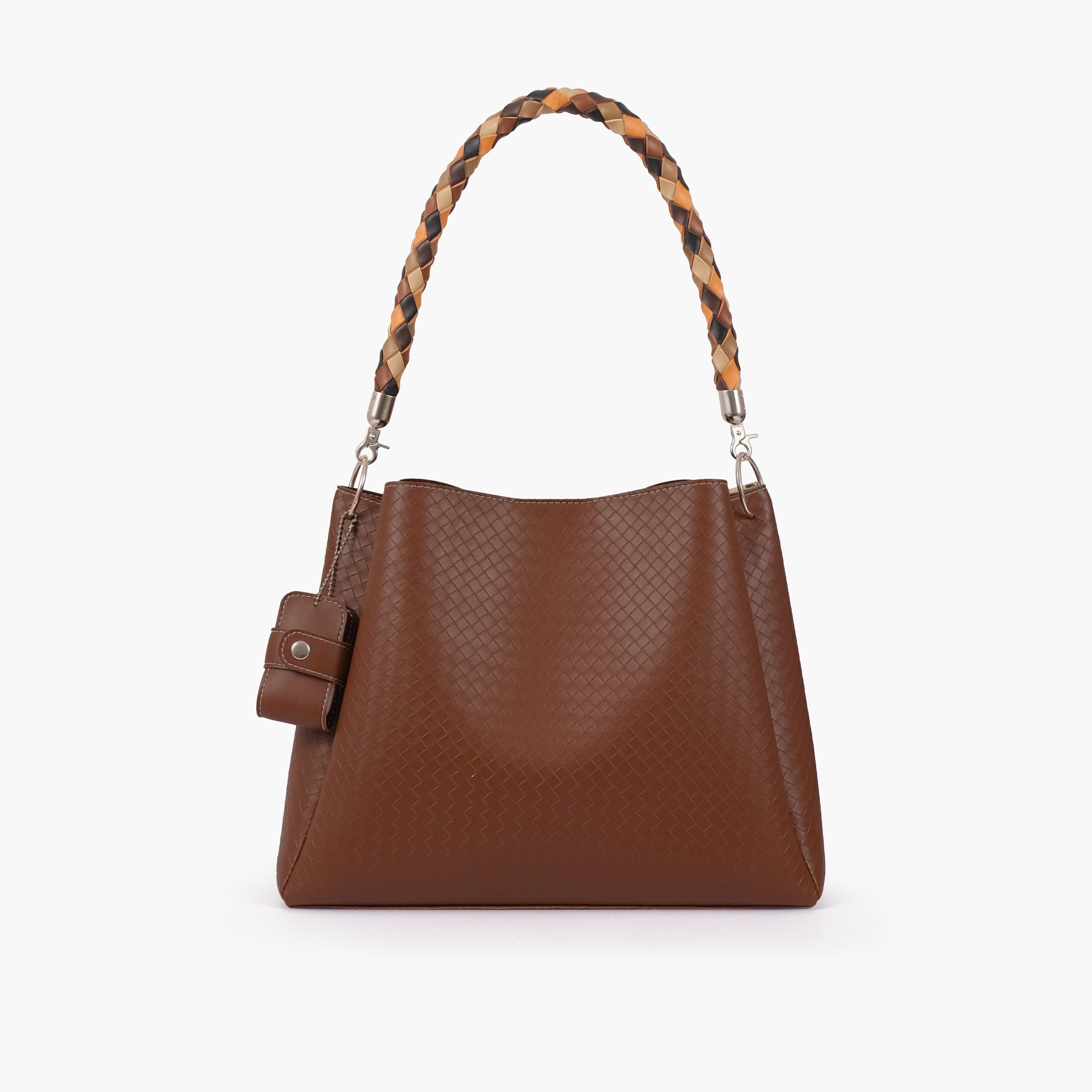 Brown weaved handbag with braided handle