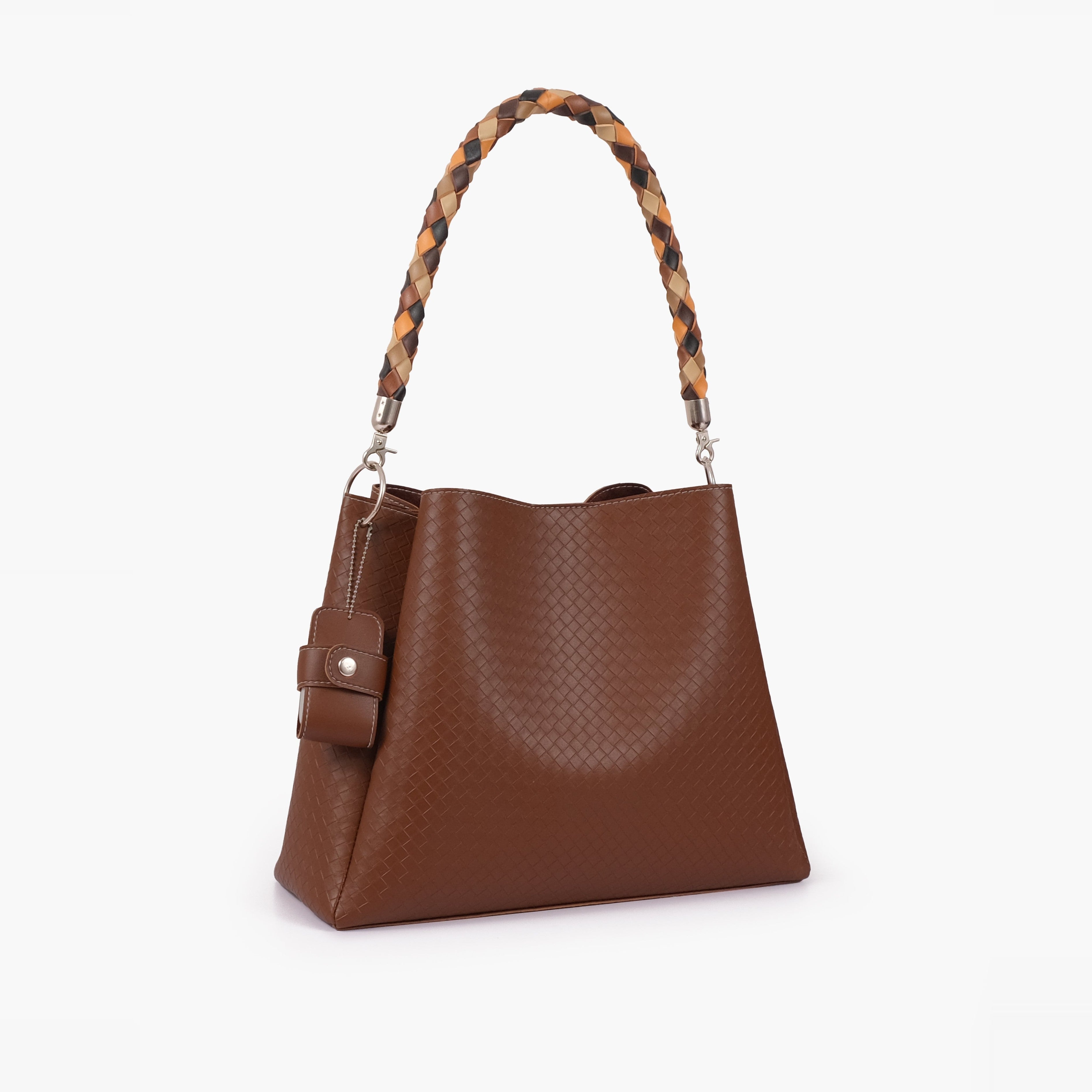 Brown weaved handbag with braided handle