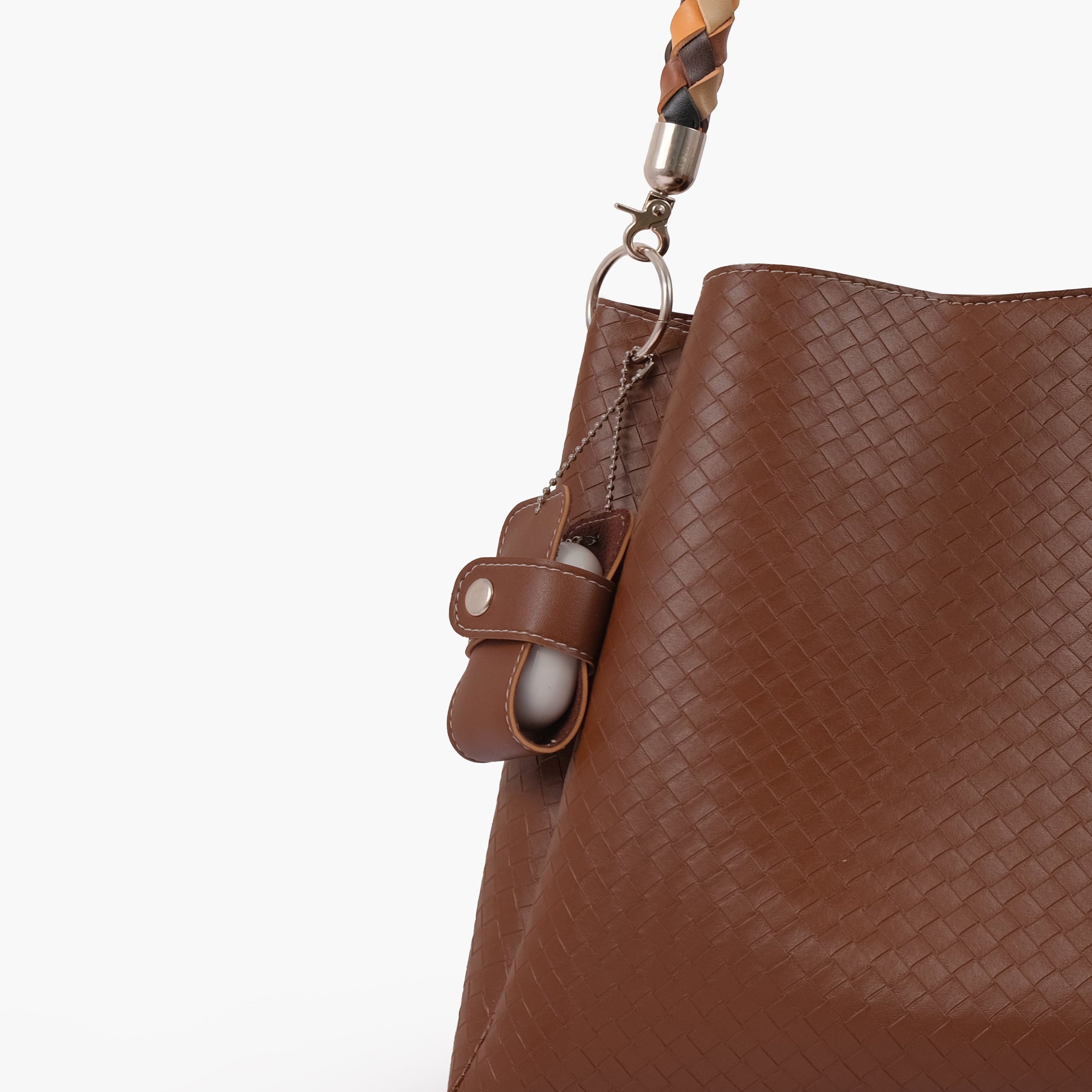 Brown weaved handbag with braided handle