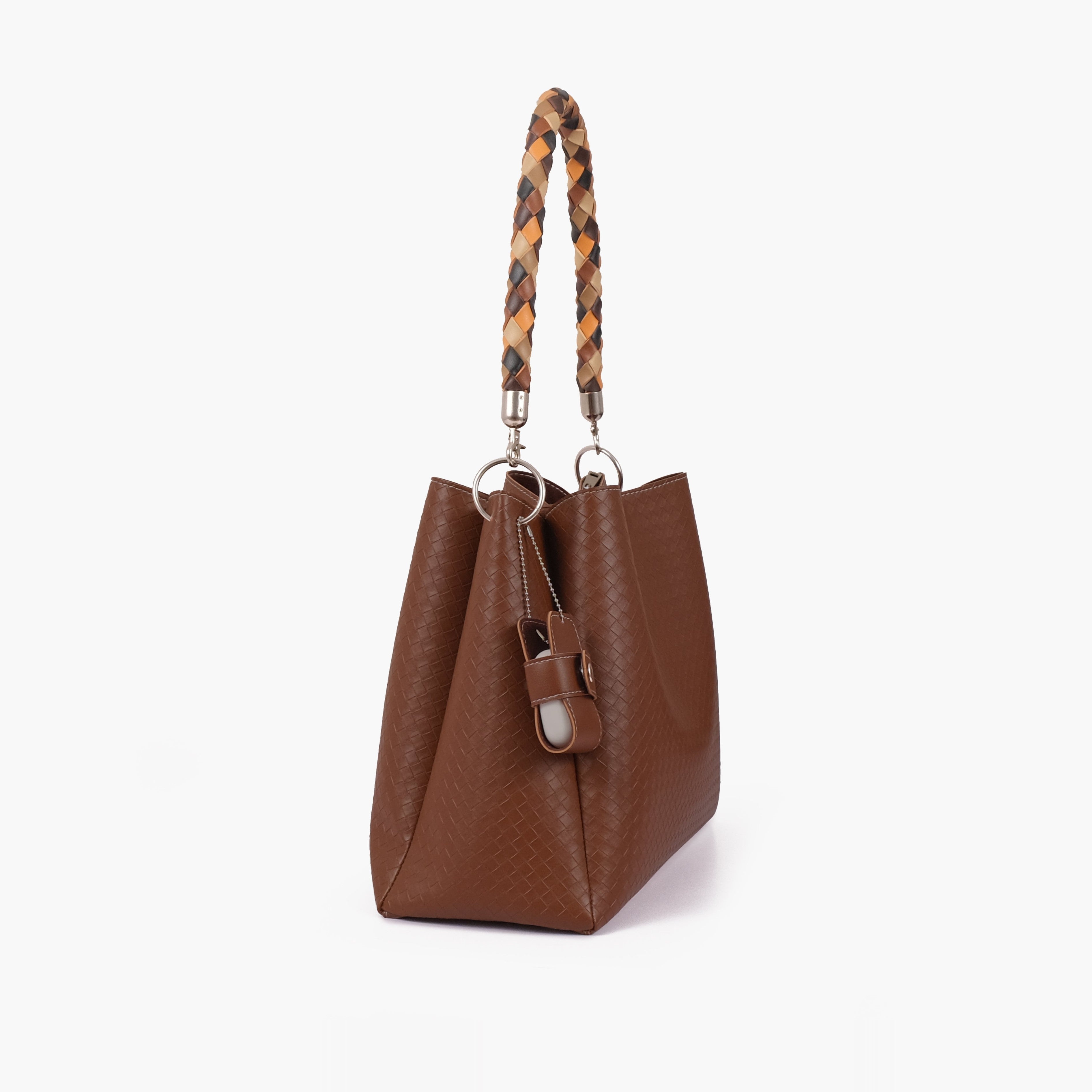 Brown weaved handbag with braided handle