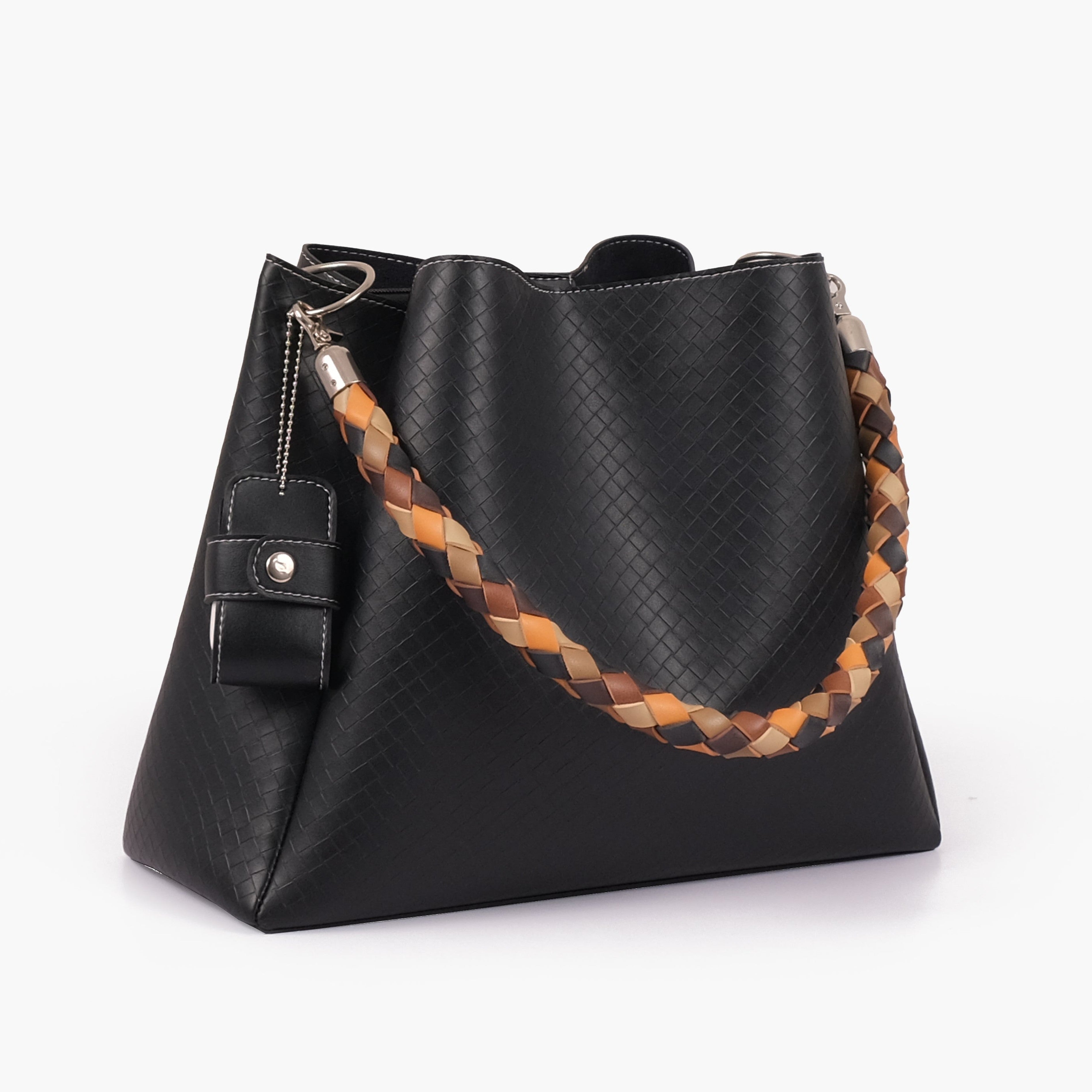 Black weaved handbag with braided handle