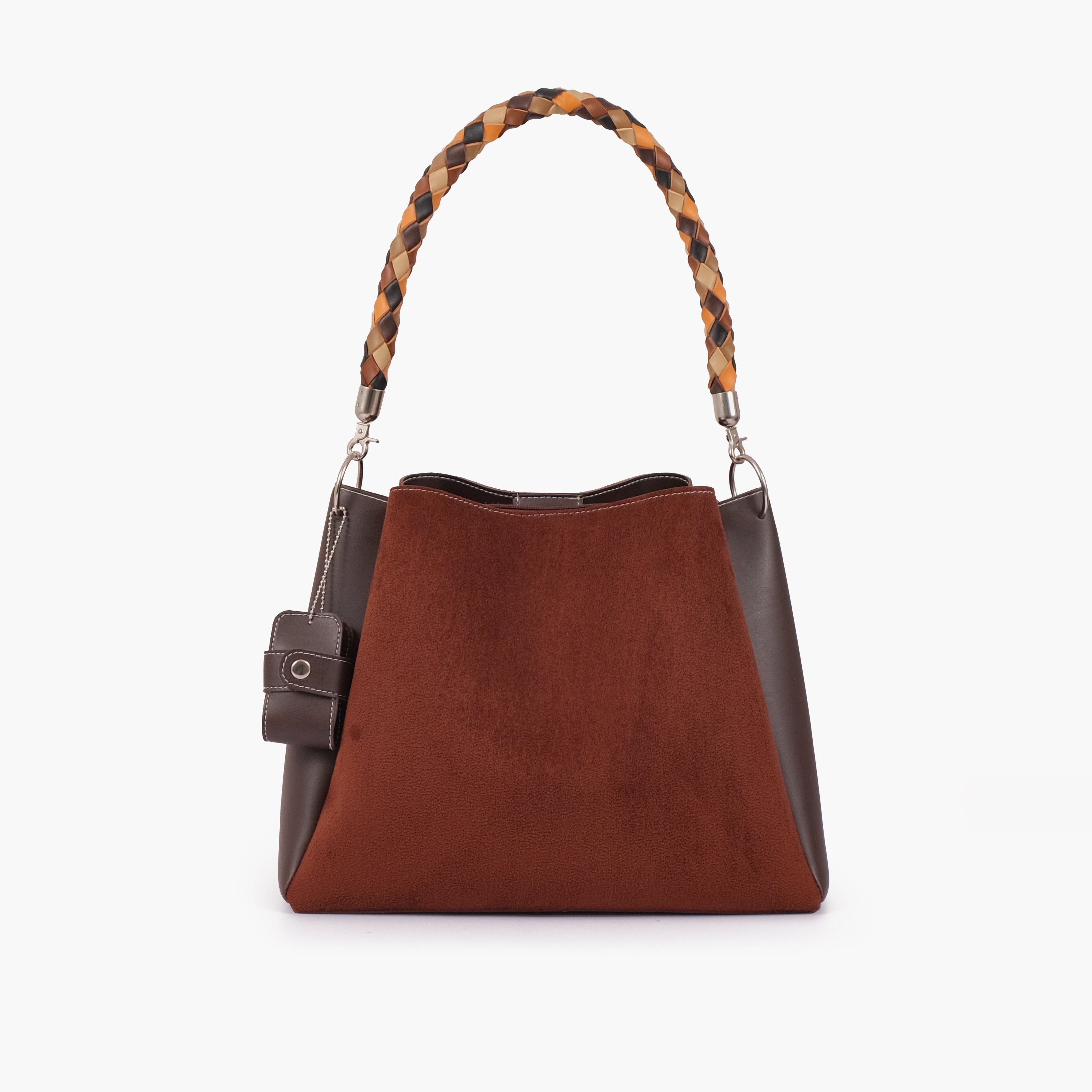 Dark brown suede handbag with braided handle