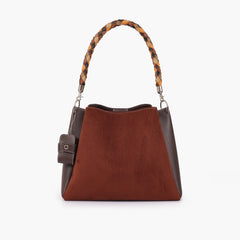 Dark brown suede handbag with braided handle