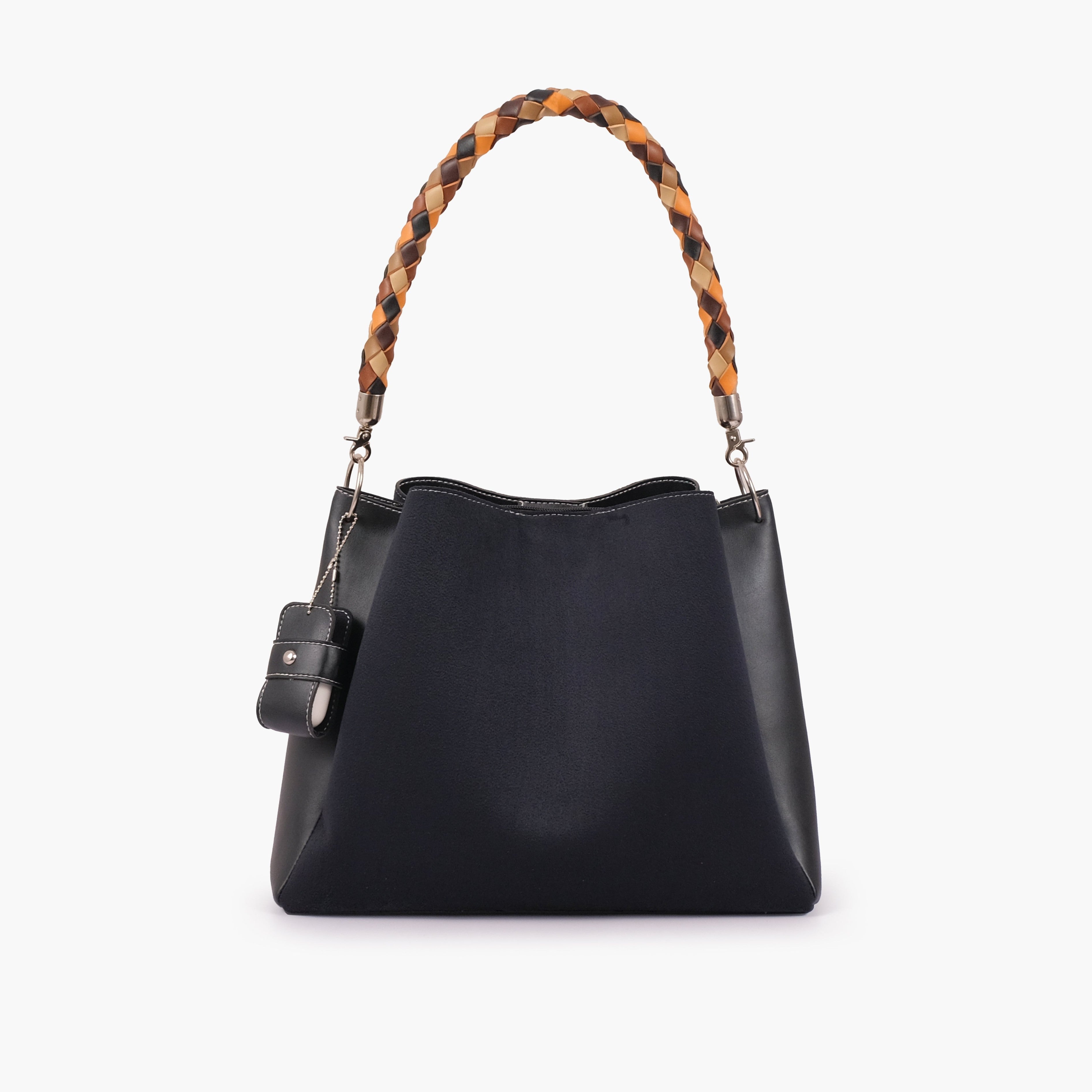 Black suede handbag with braided handle