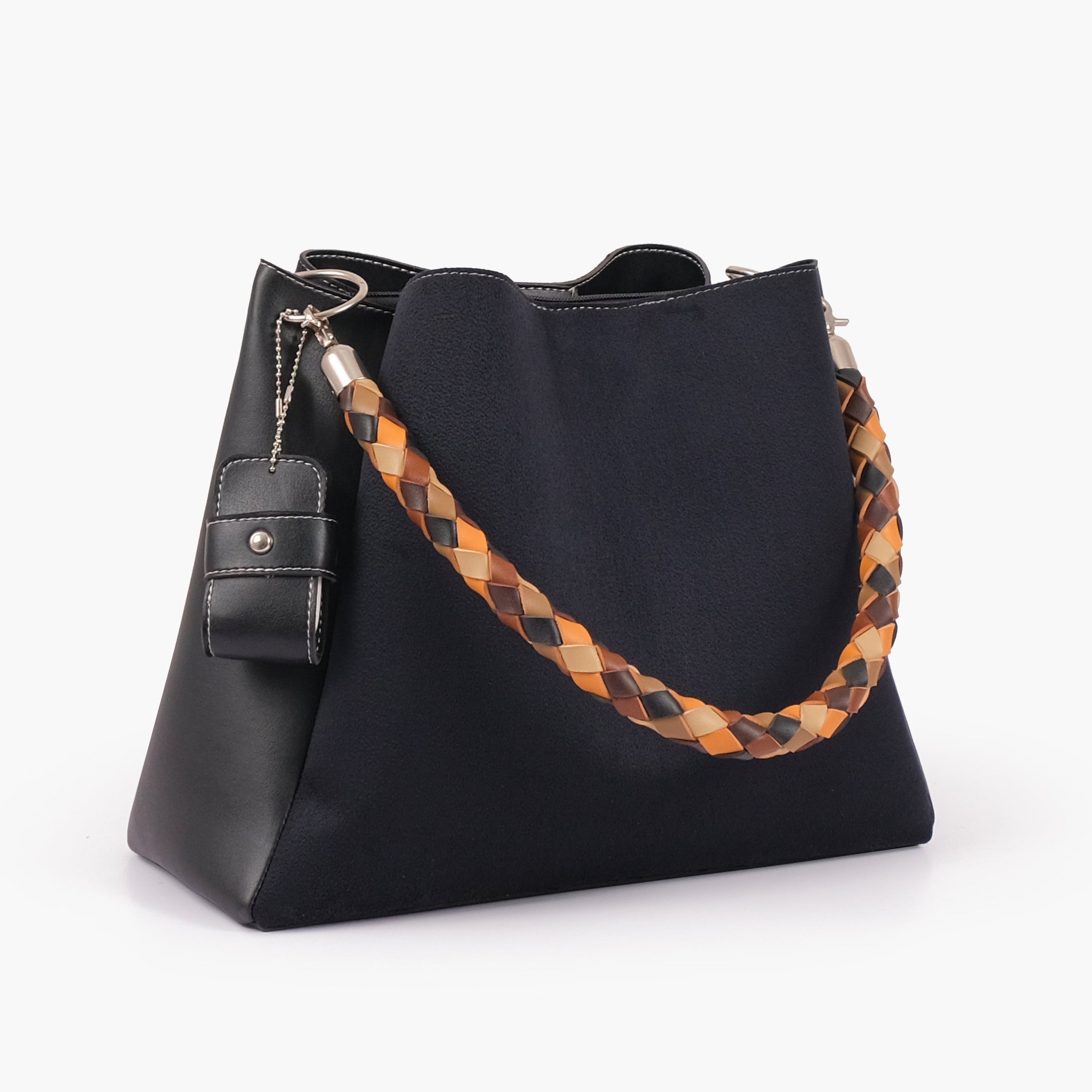 Black suede handbag with braided handle