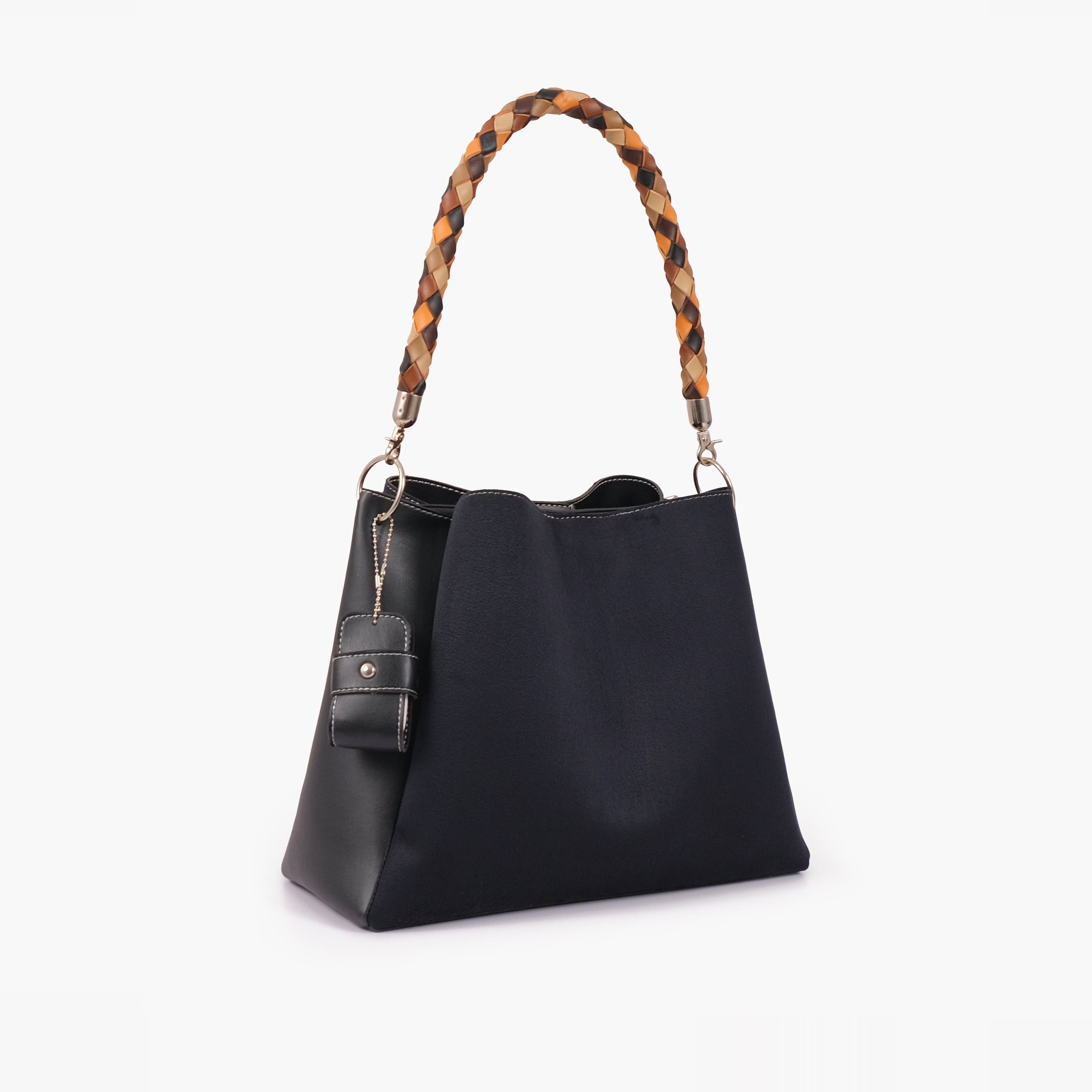 Black suede handbag with braided handle