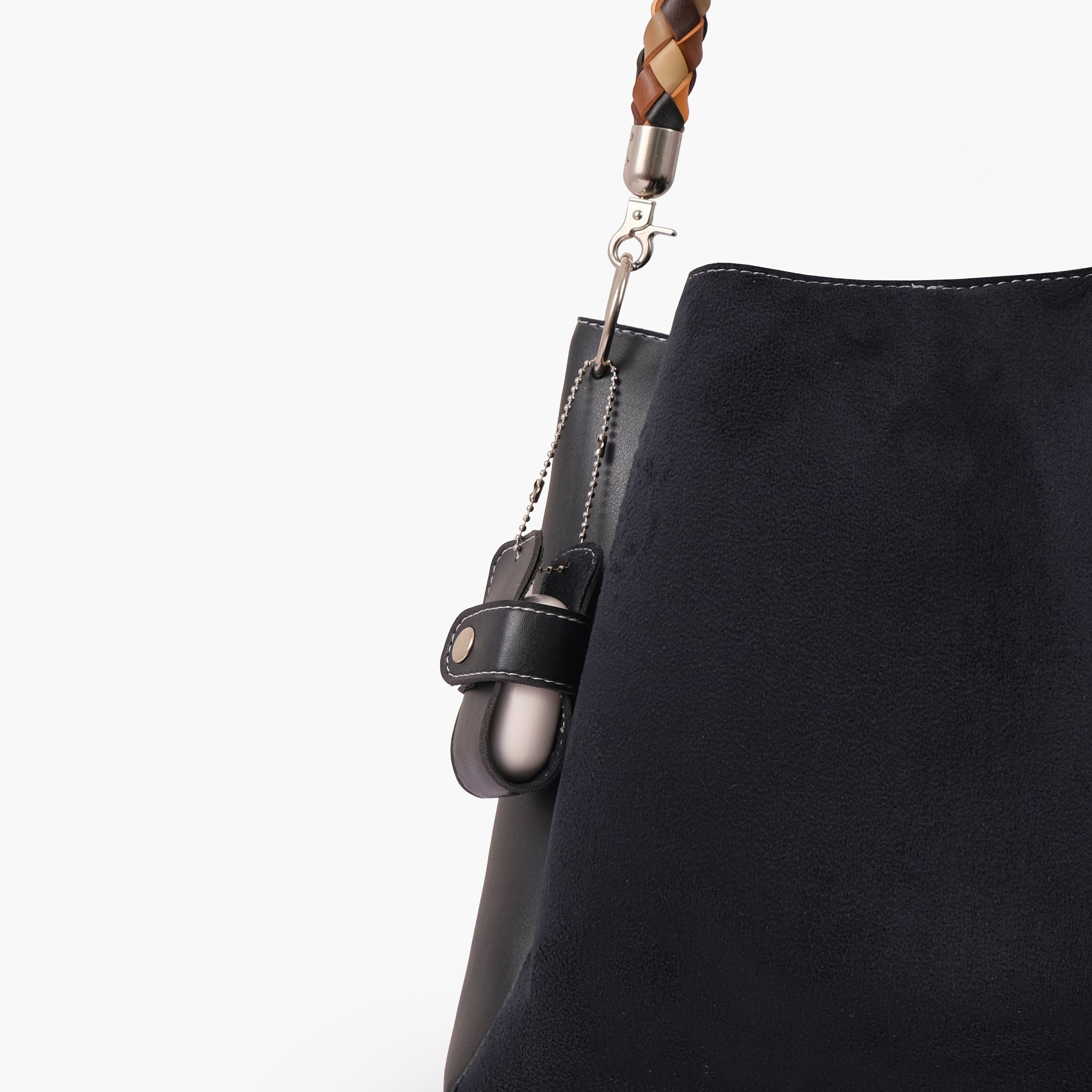 Black suede handbag with braided handle