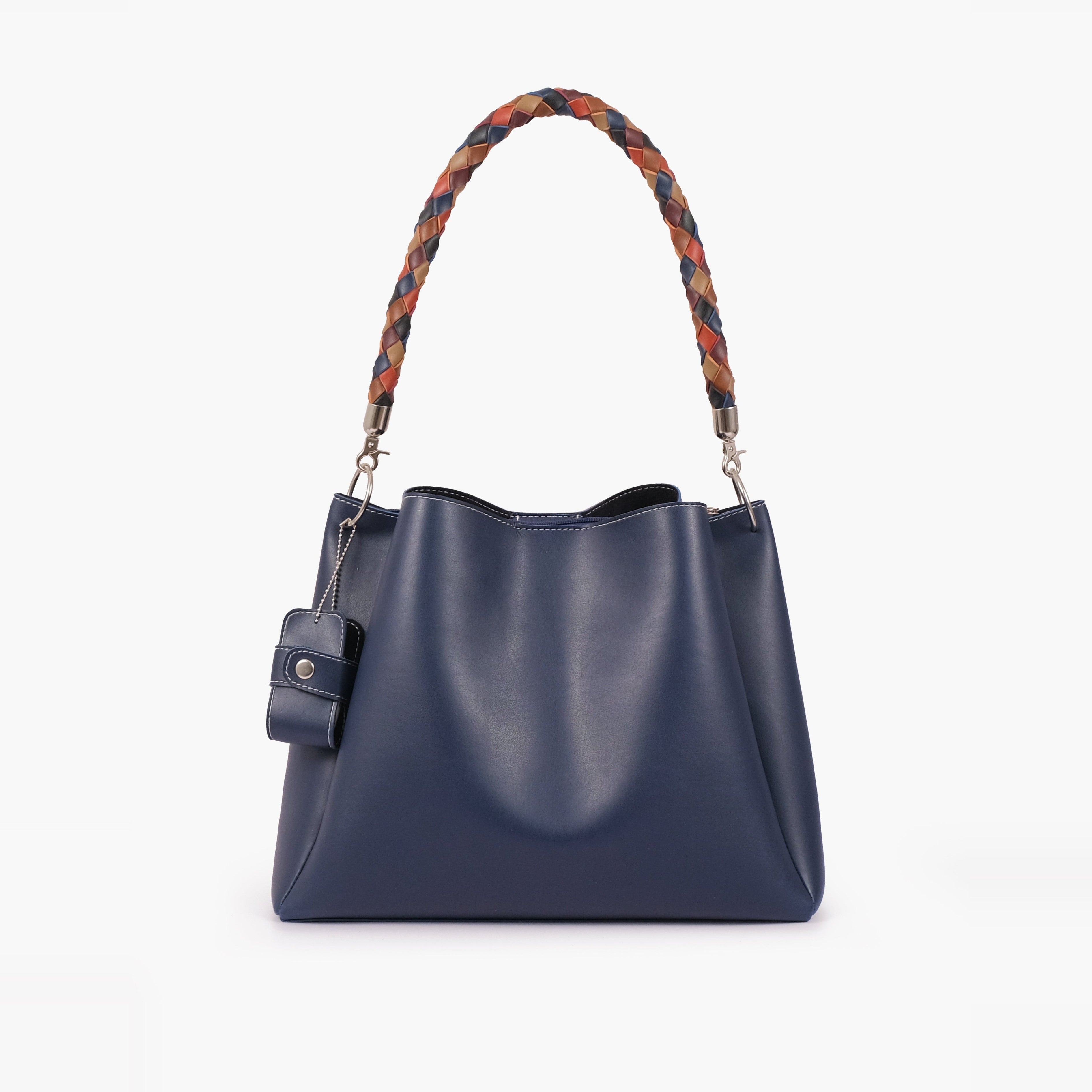 Blue handbag with braided handle