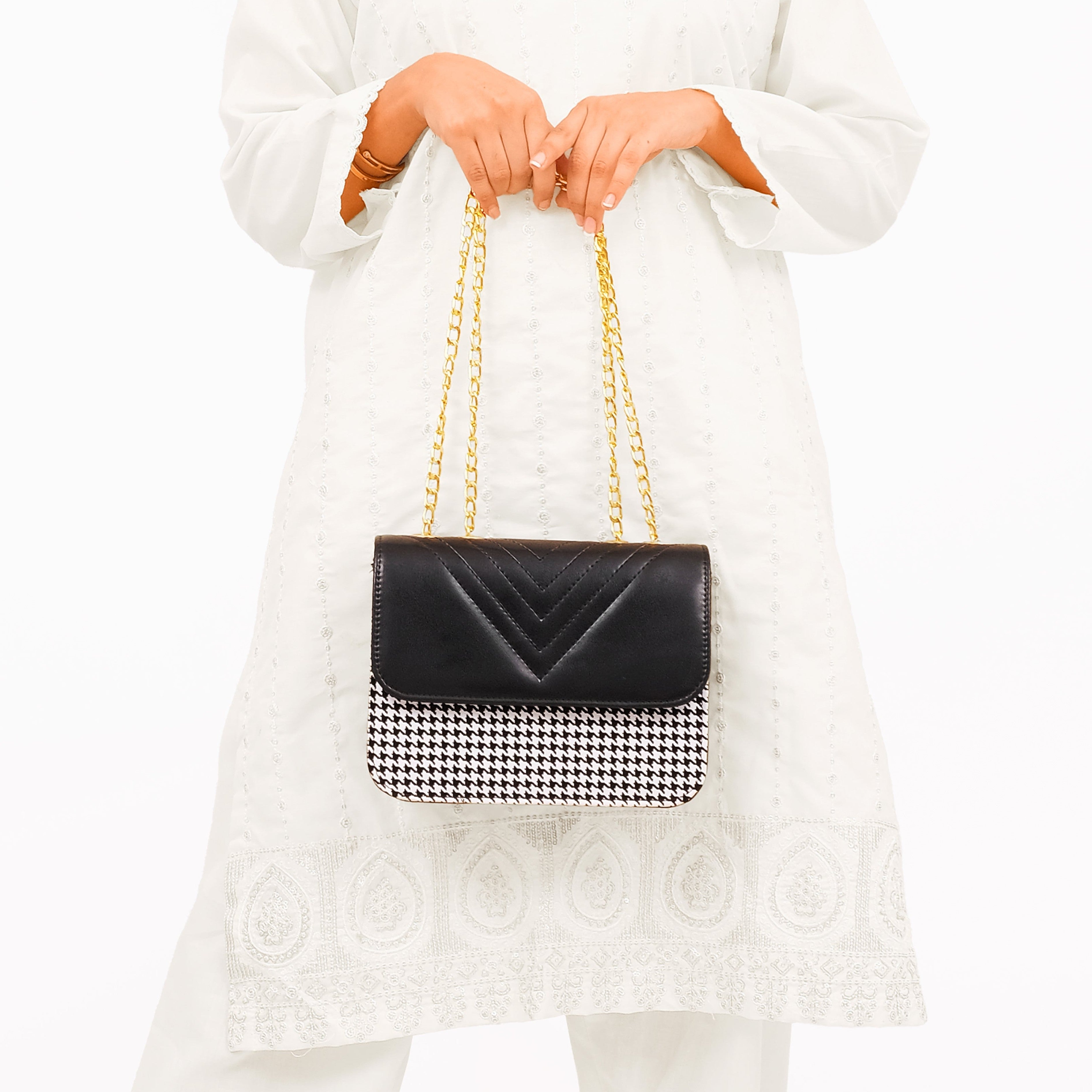 Black houndstooth chain cross-body bag