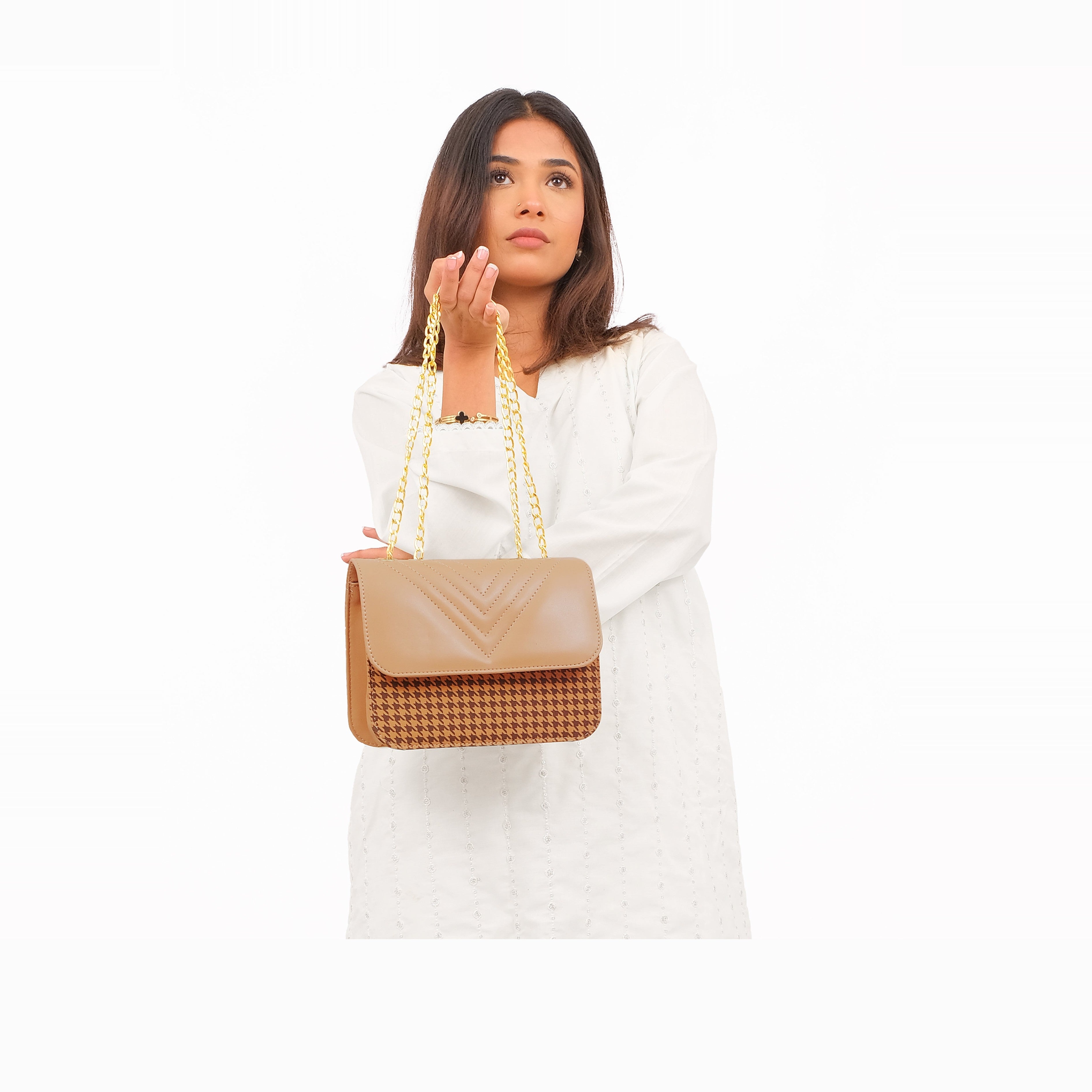 Beige houndstooth chain cross-body bag