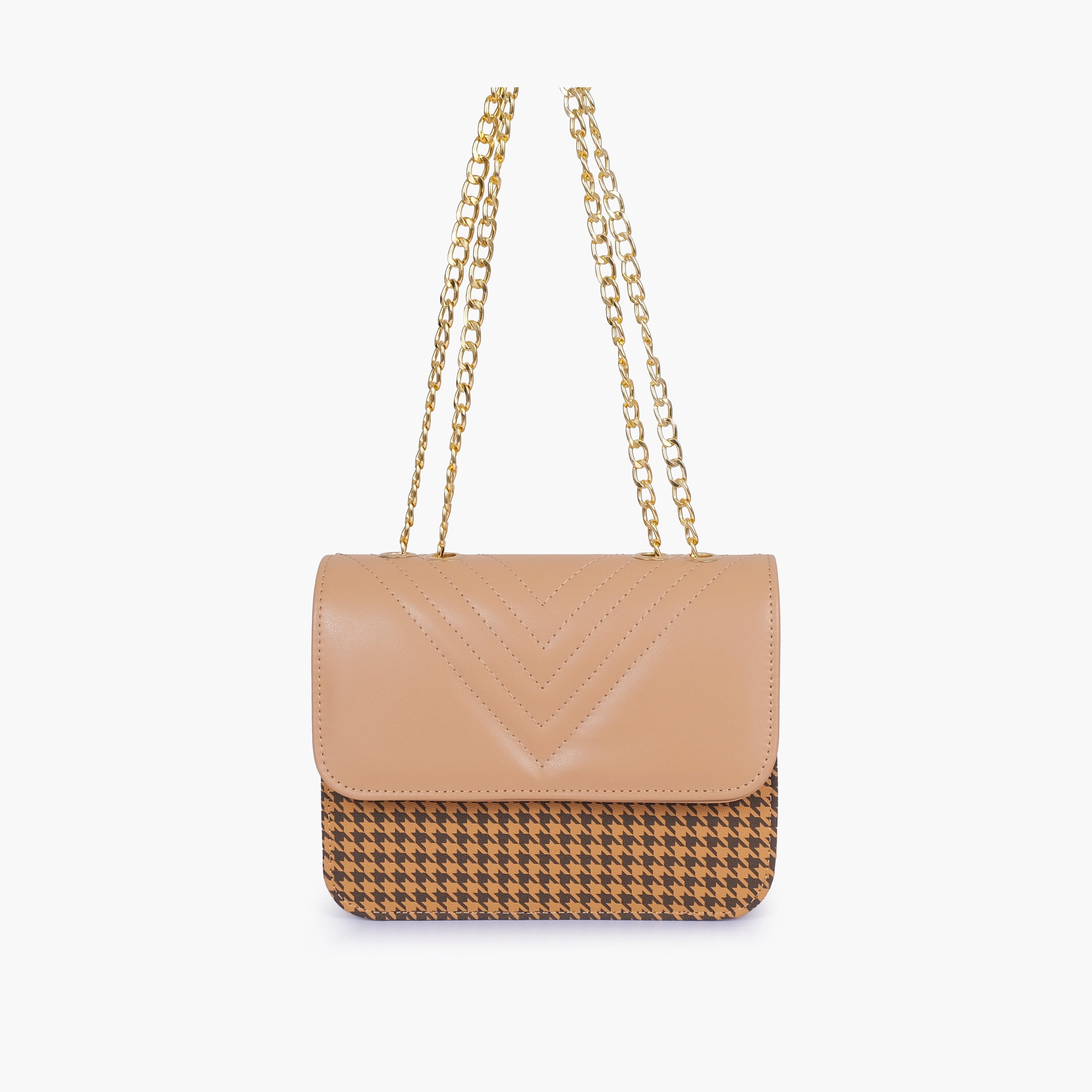 Beige houndstooth chain cross-body bag