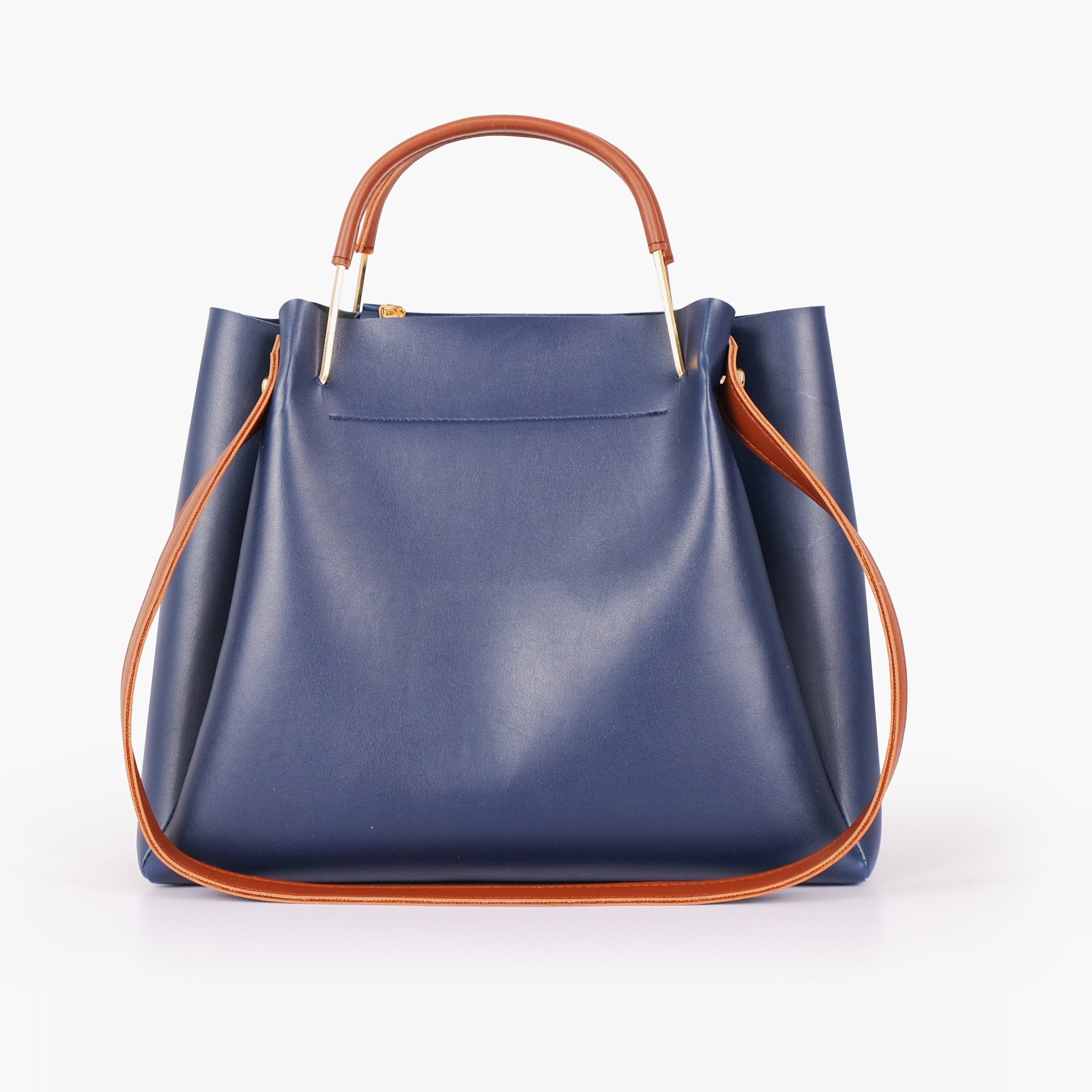 Blue metal handle tote bag