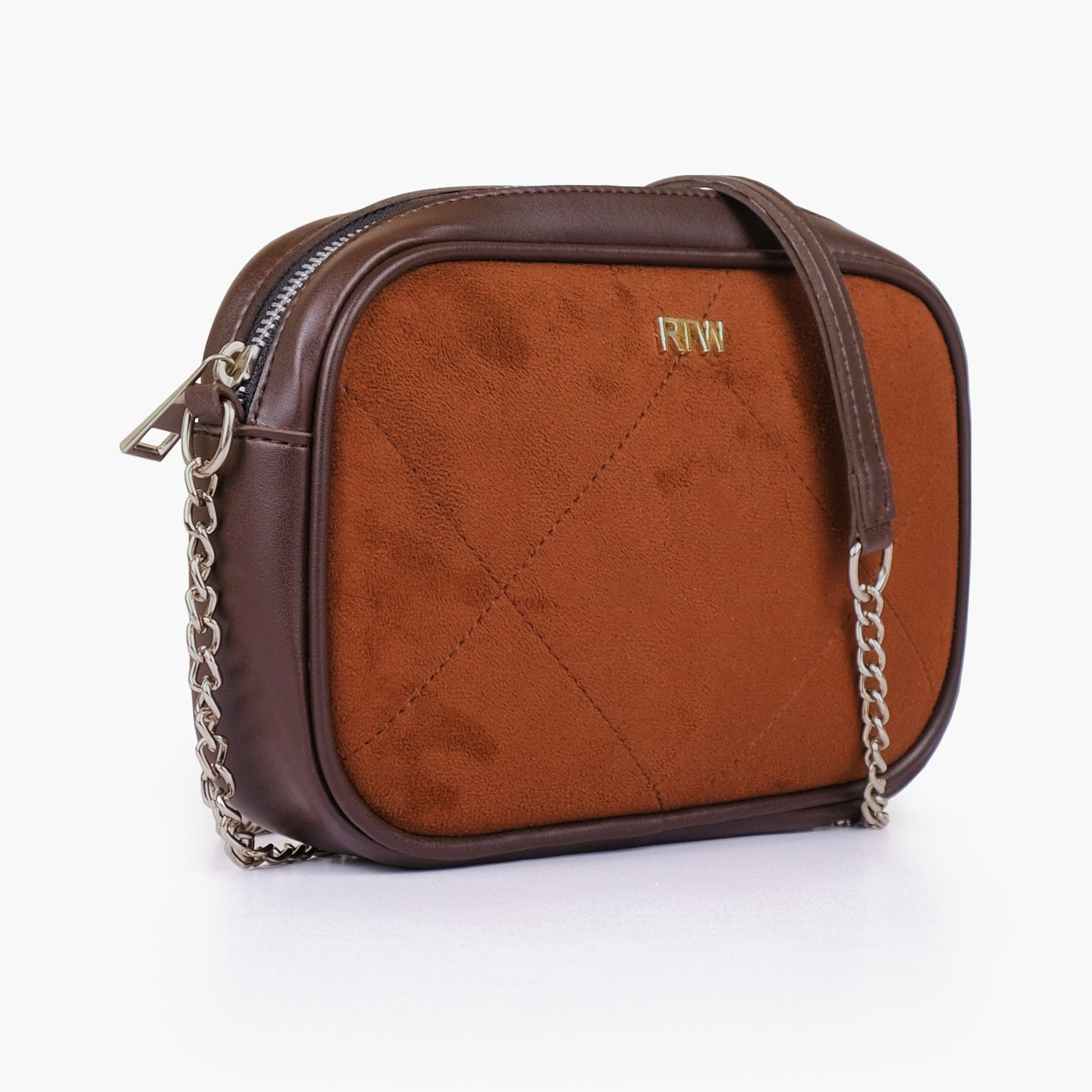Dark brown suede mini quilted crossbody bag