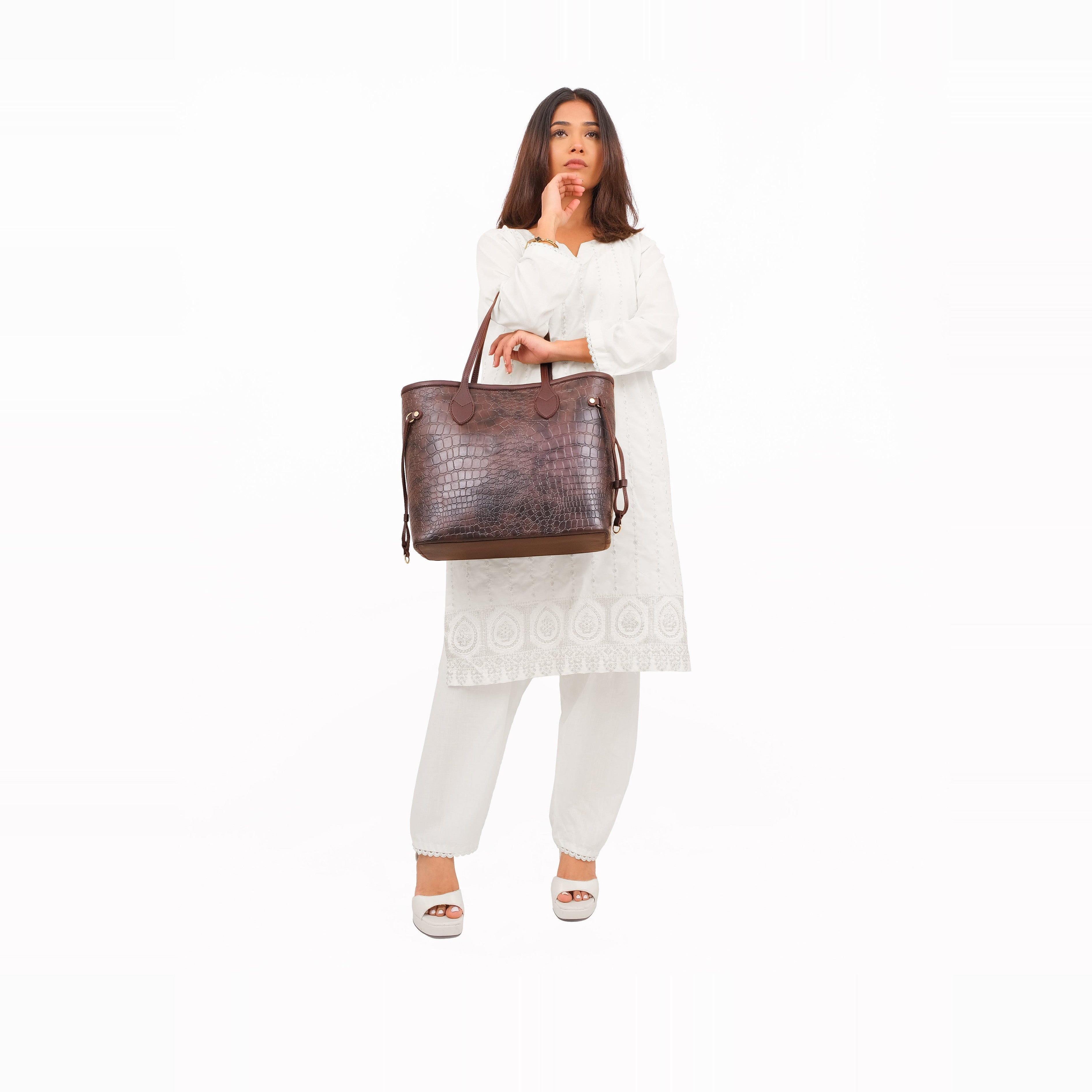 Dark brown crocodile neverfull tote bag
