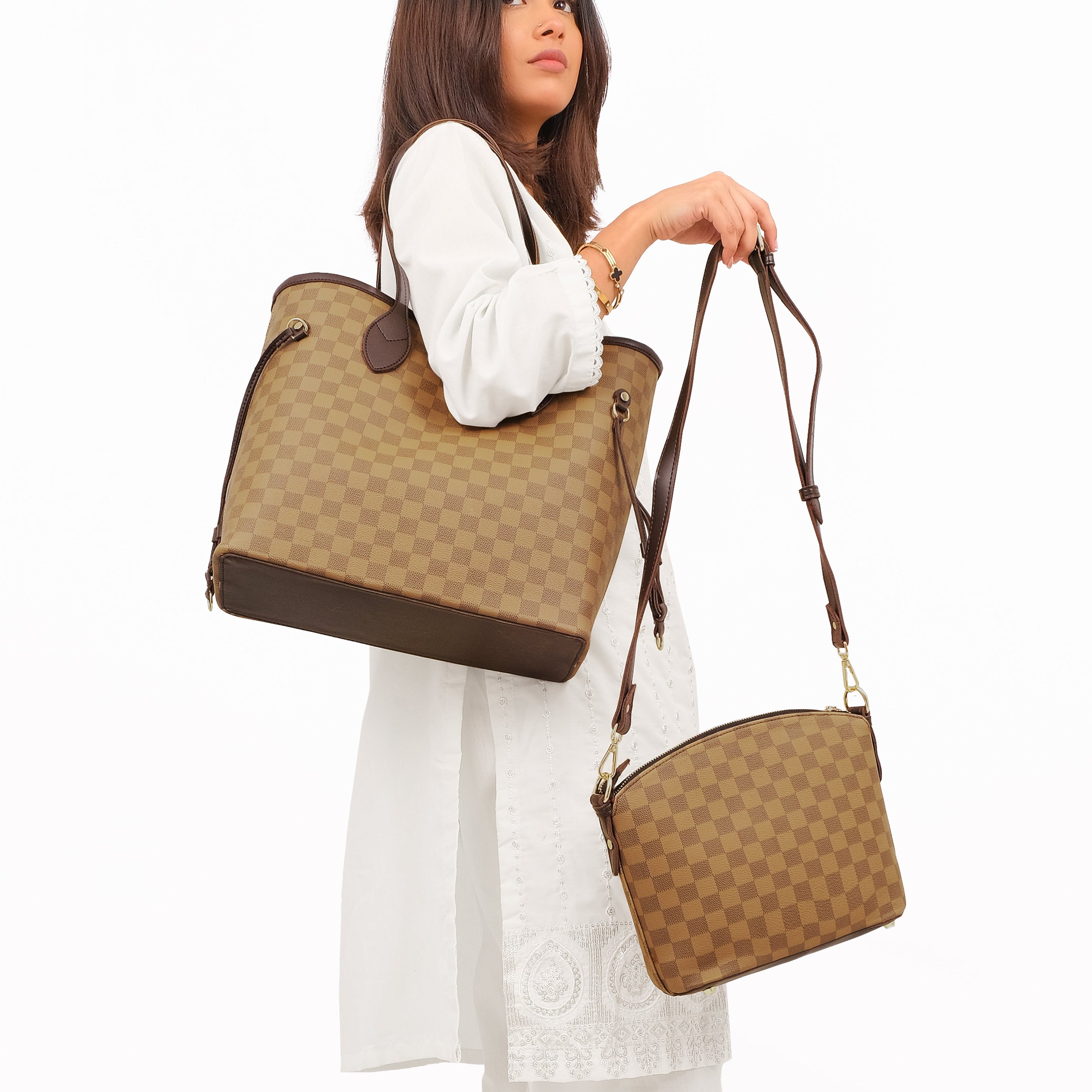 Brown checkered neverfull two piece set