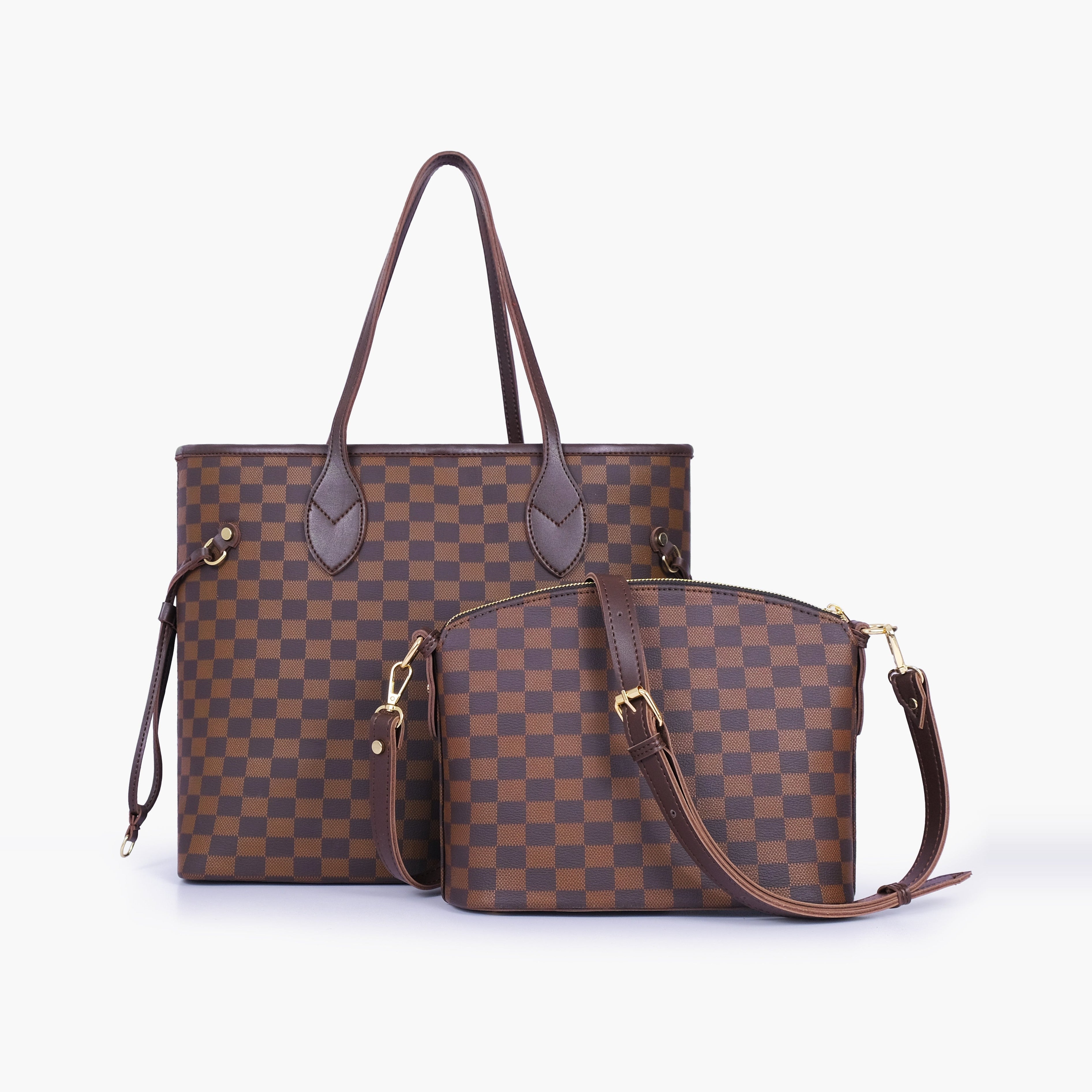 Dark brown checkered neverfull two piece set