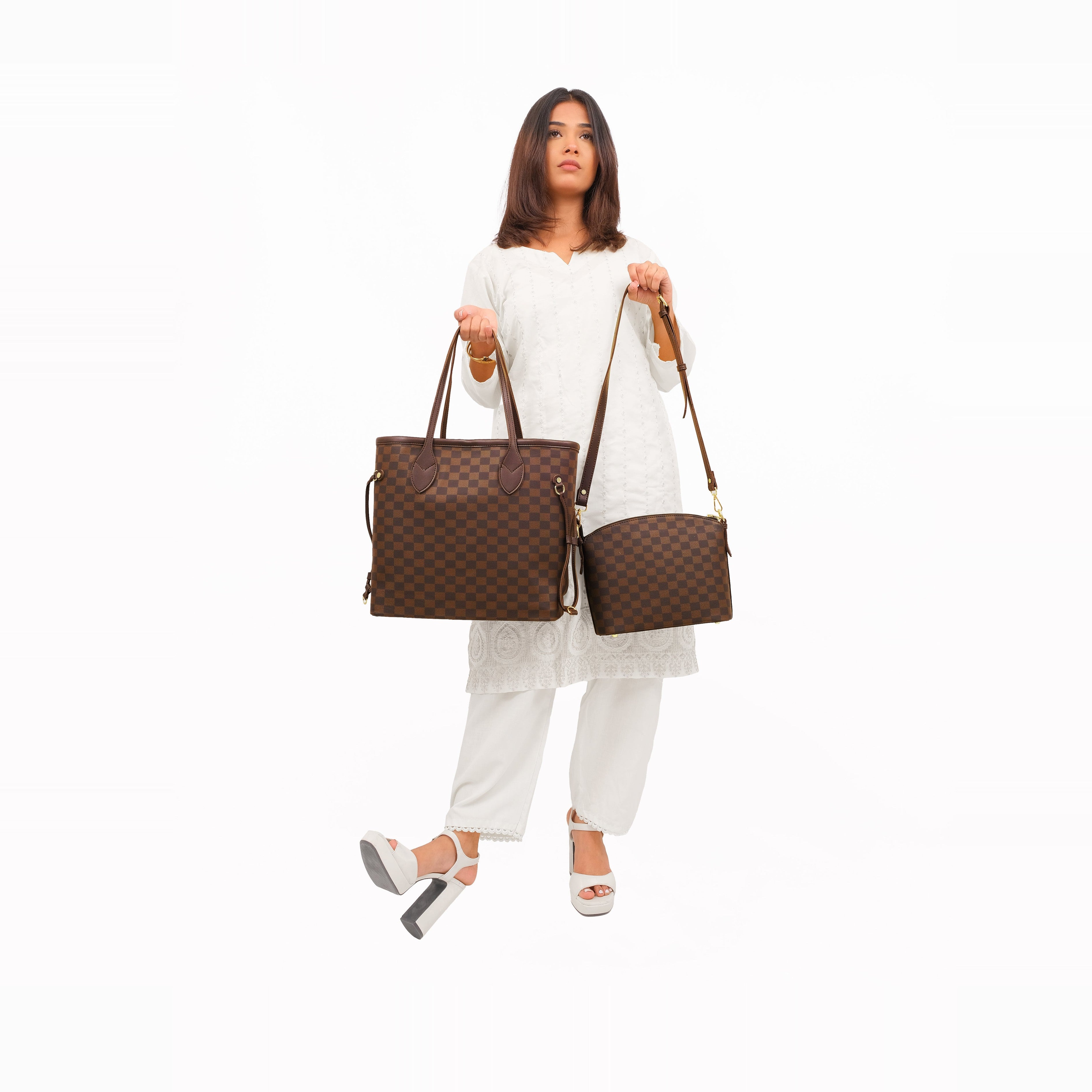 Dark brown checkered neverfull two piece set
