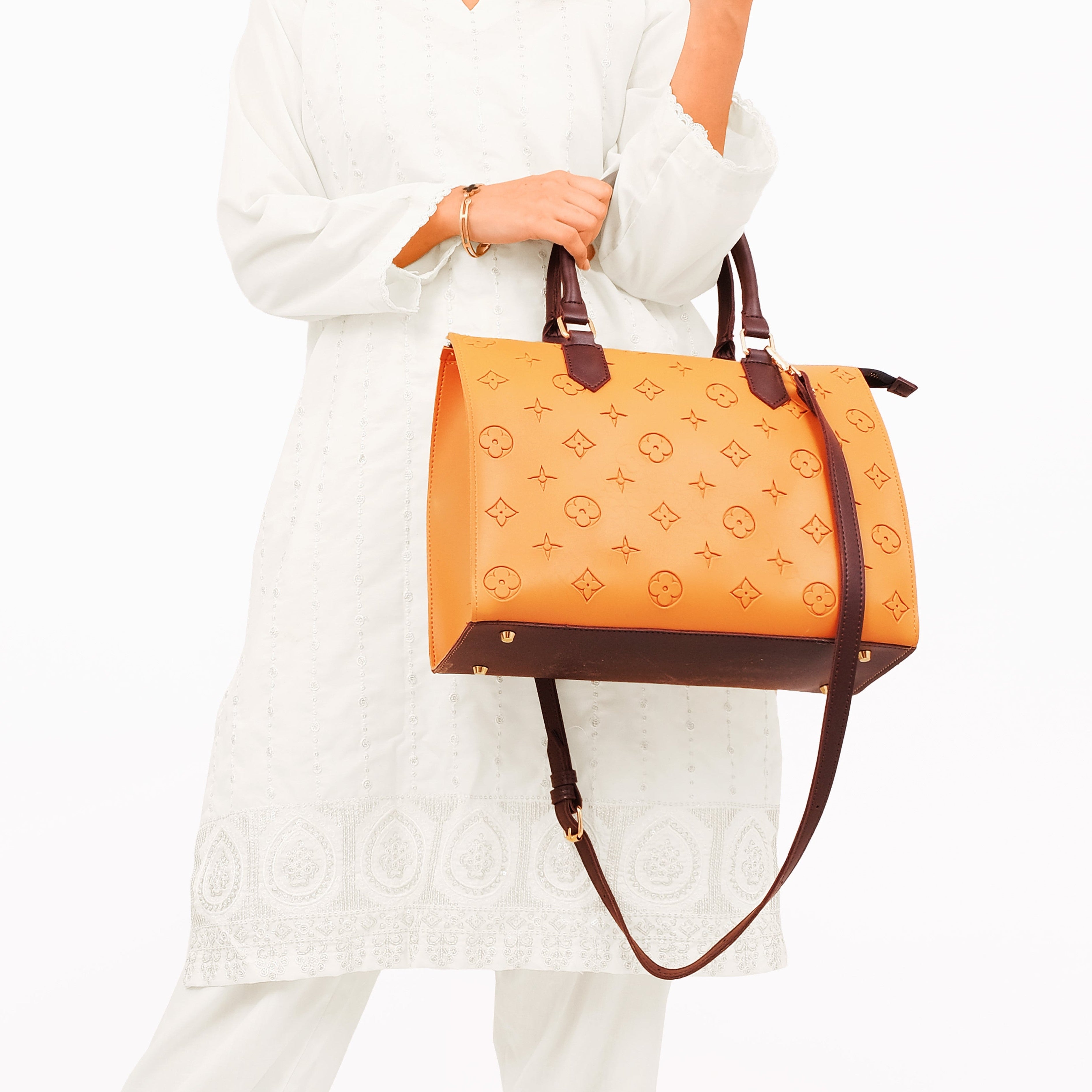 Mustard and dark brown on-the-go handbag