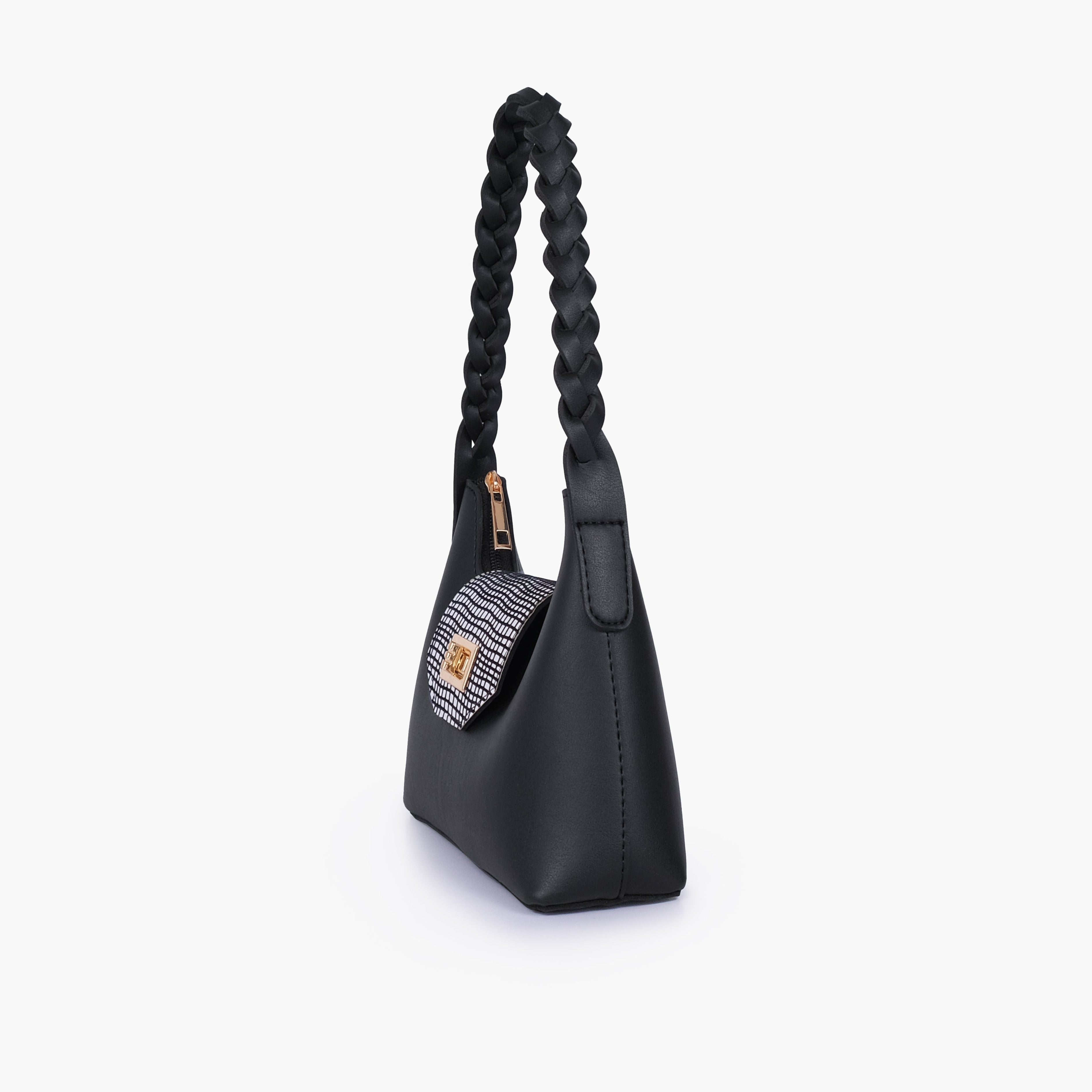 Black and white purse with braided strap