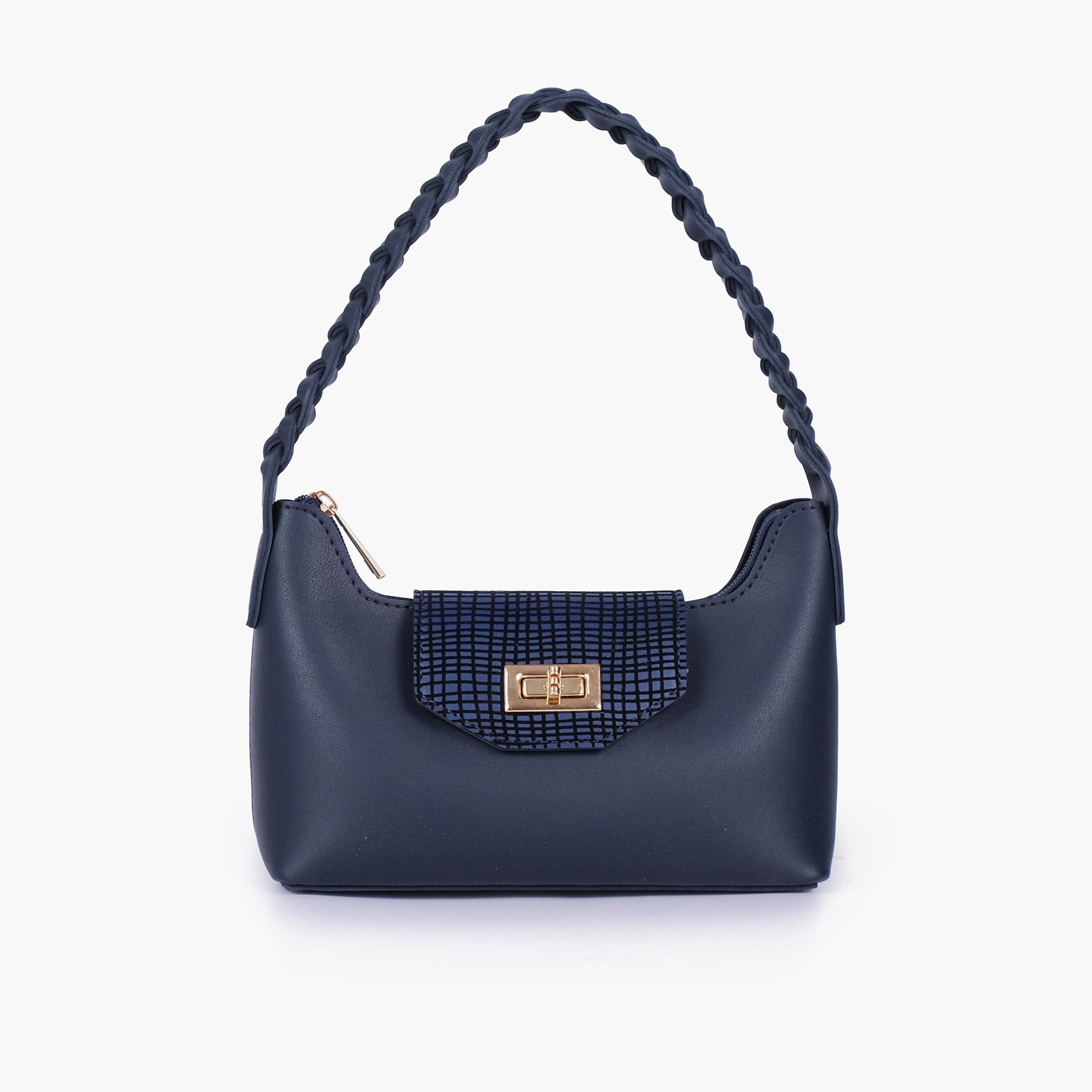 Blue purse with braided strap