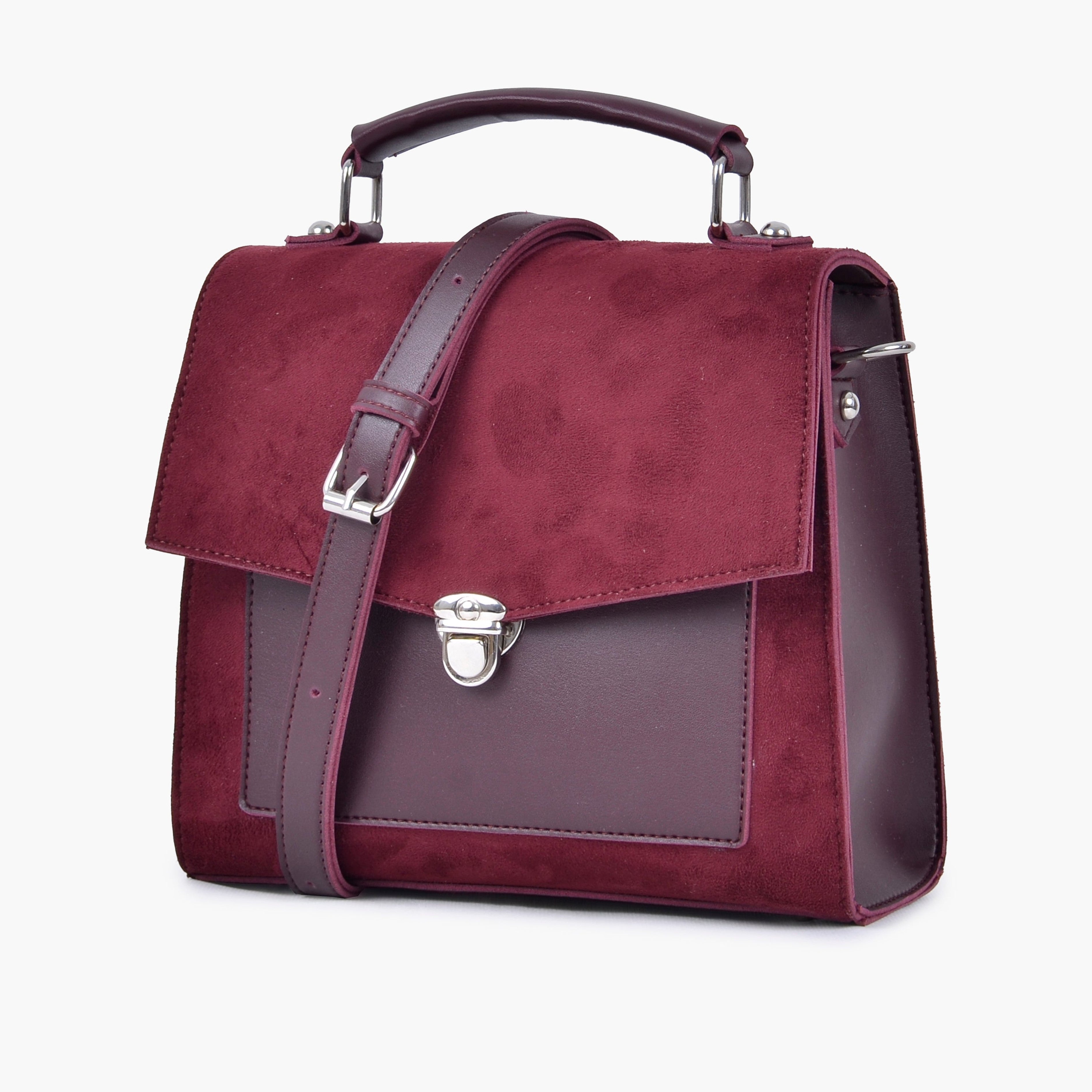 Burgundy suede push-lock messenger bag