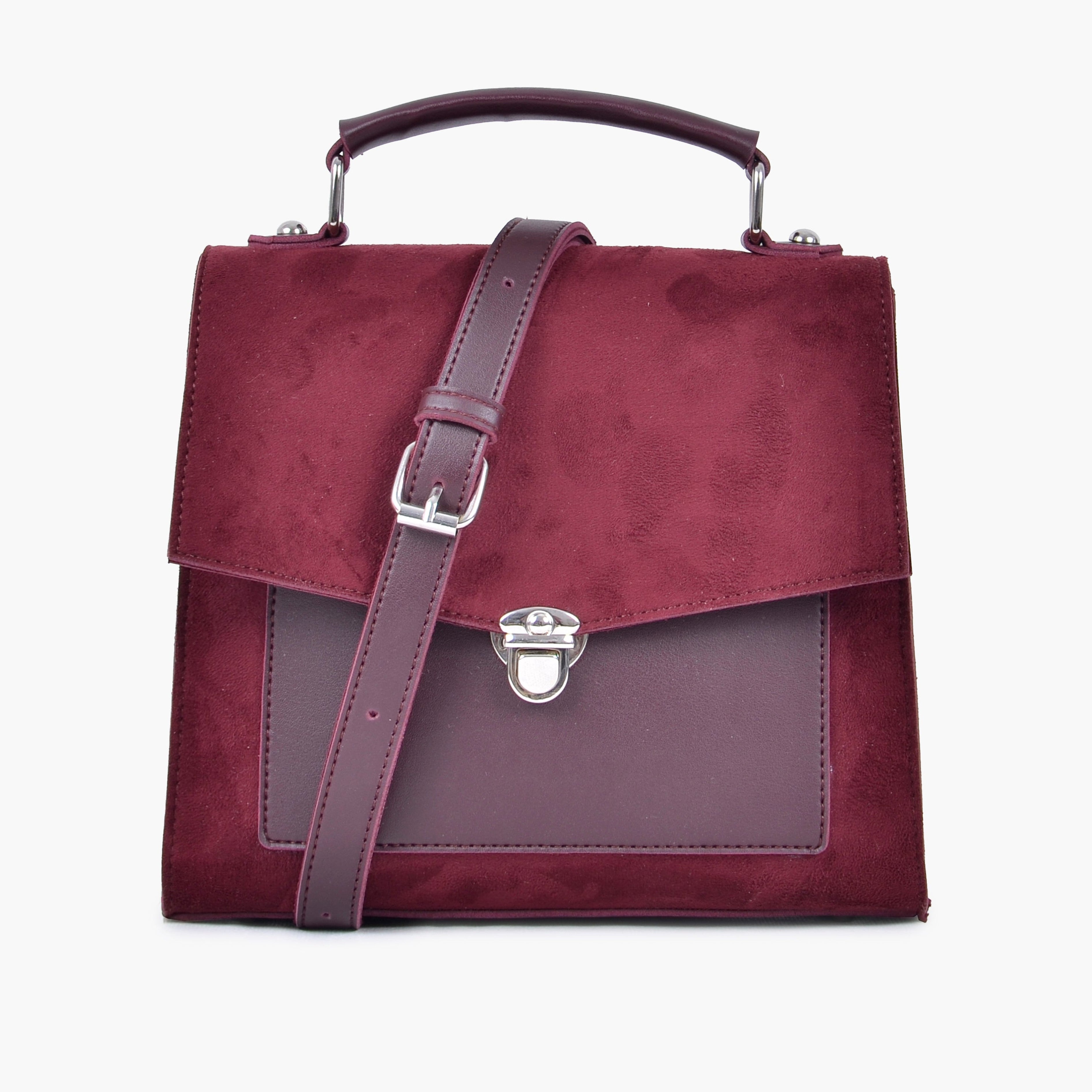 Burgundy suede push-lock messenger bag