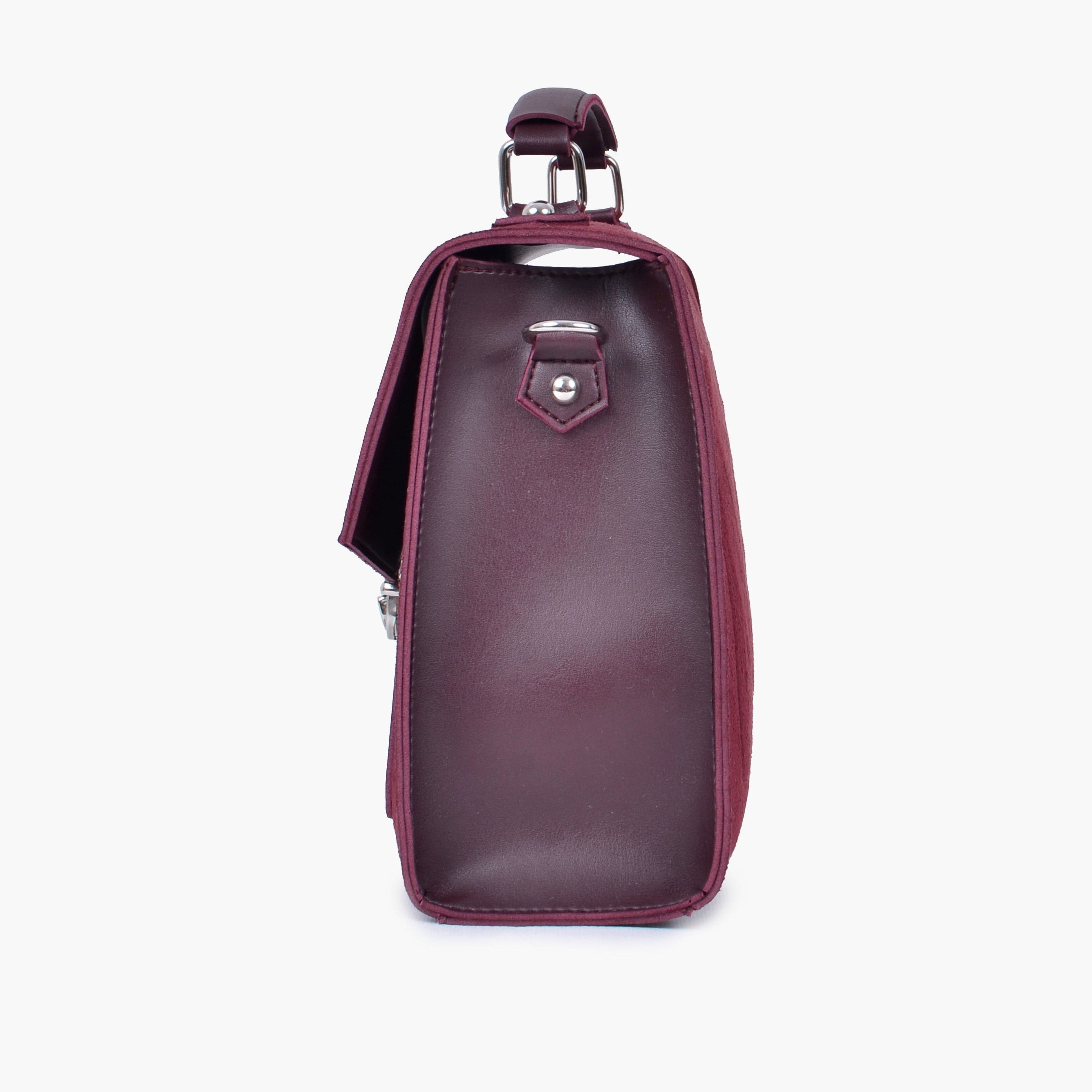 Burgundy suede push-lock messenger bag