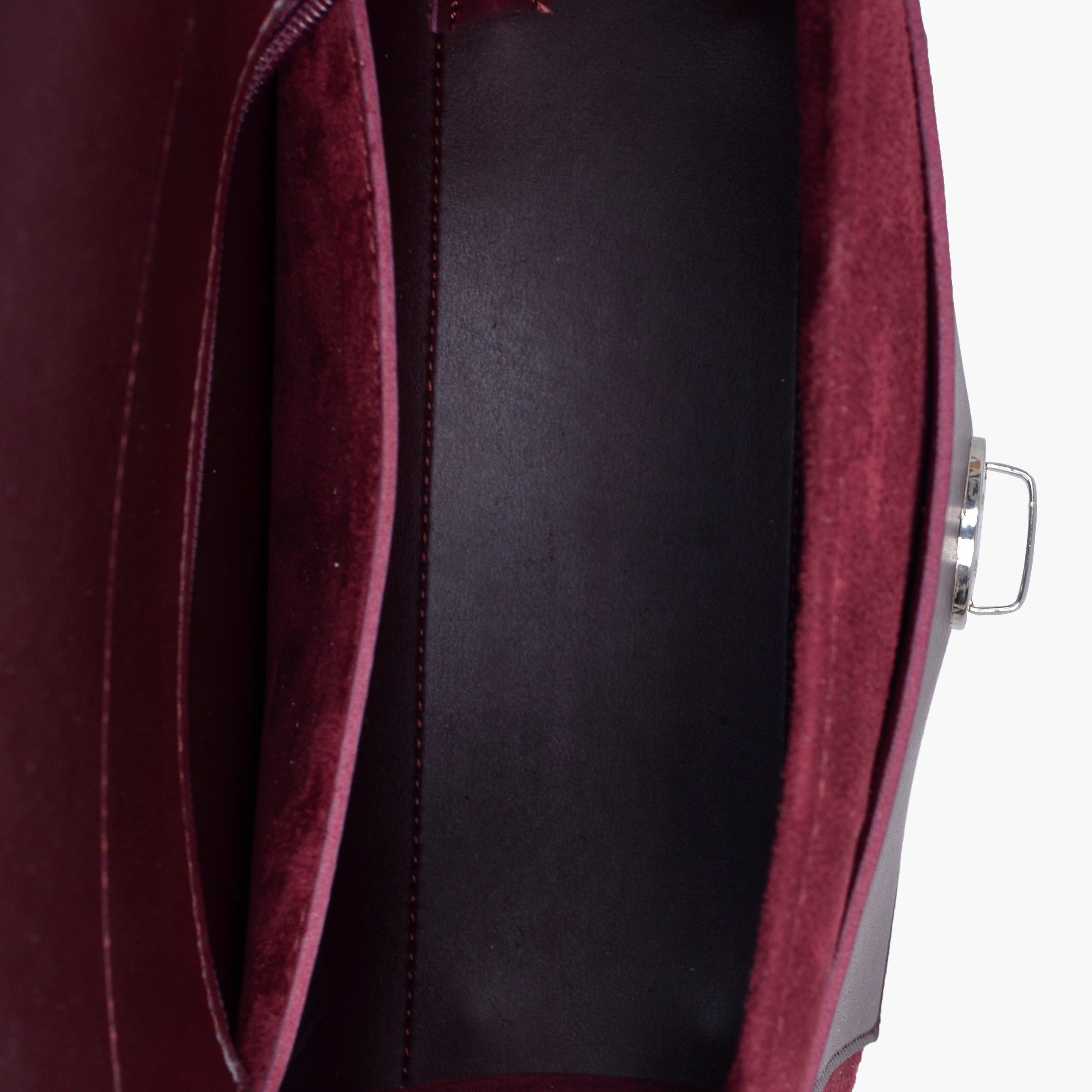 Burgundy suede push-lock messenger bag