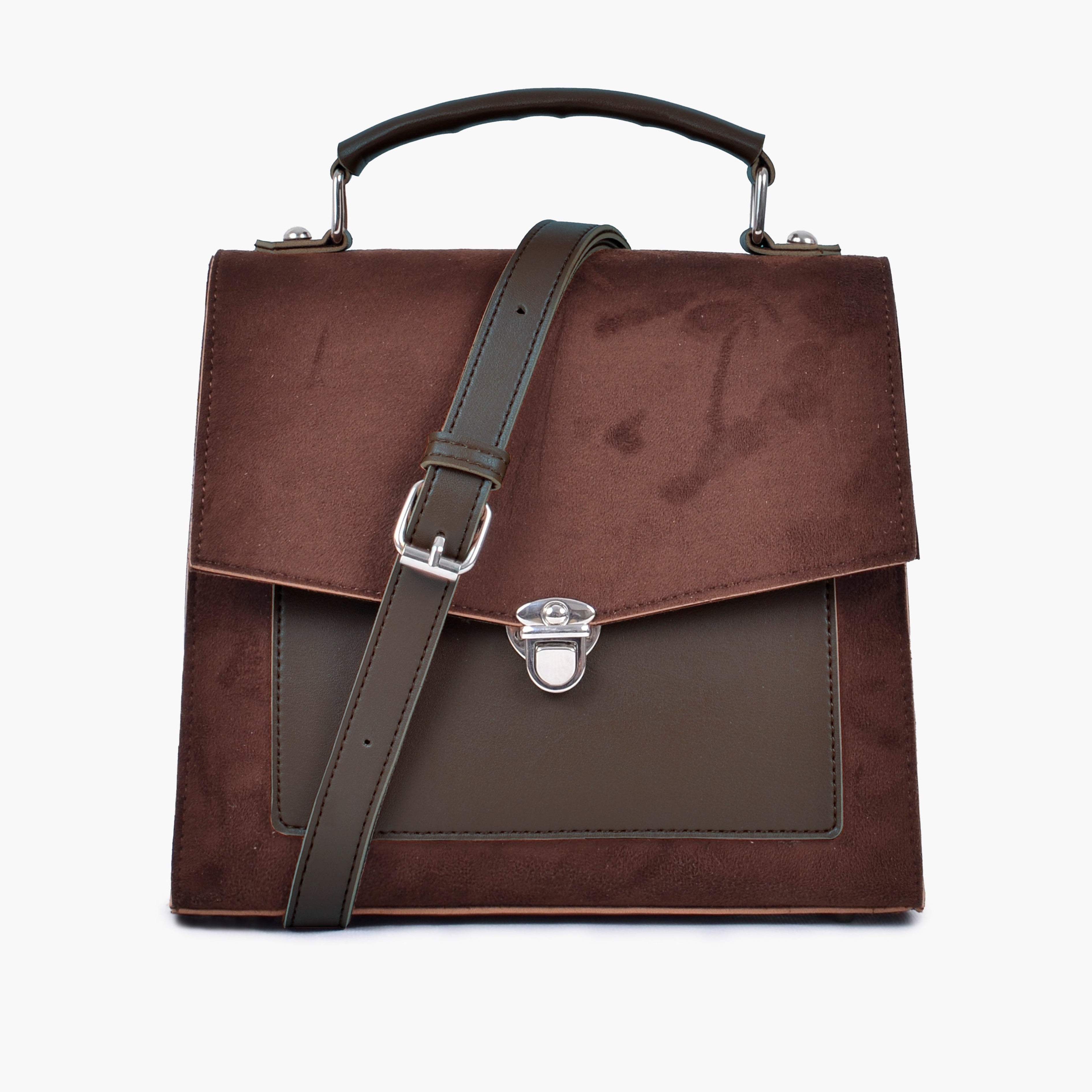 Dark brown suede push-lock messenger bag