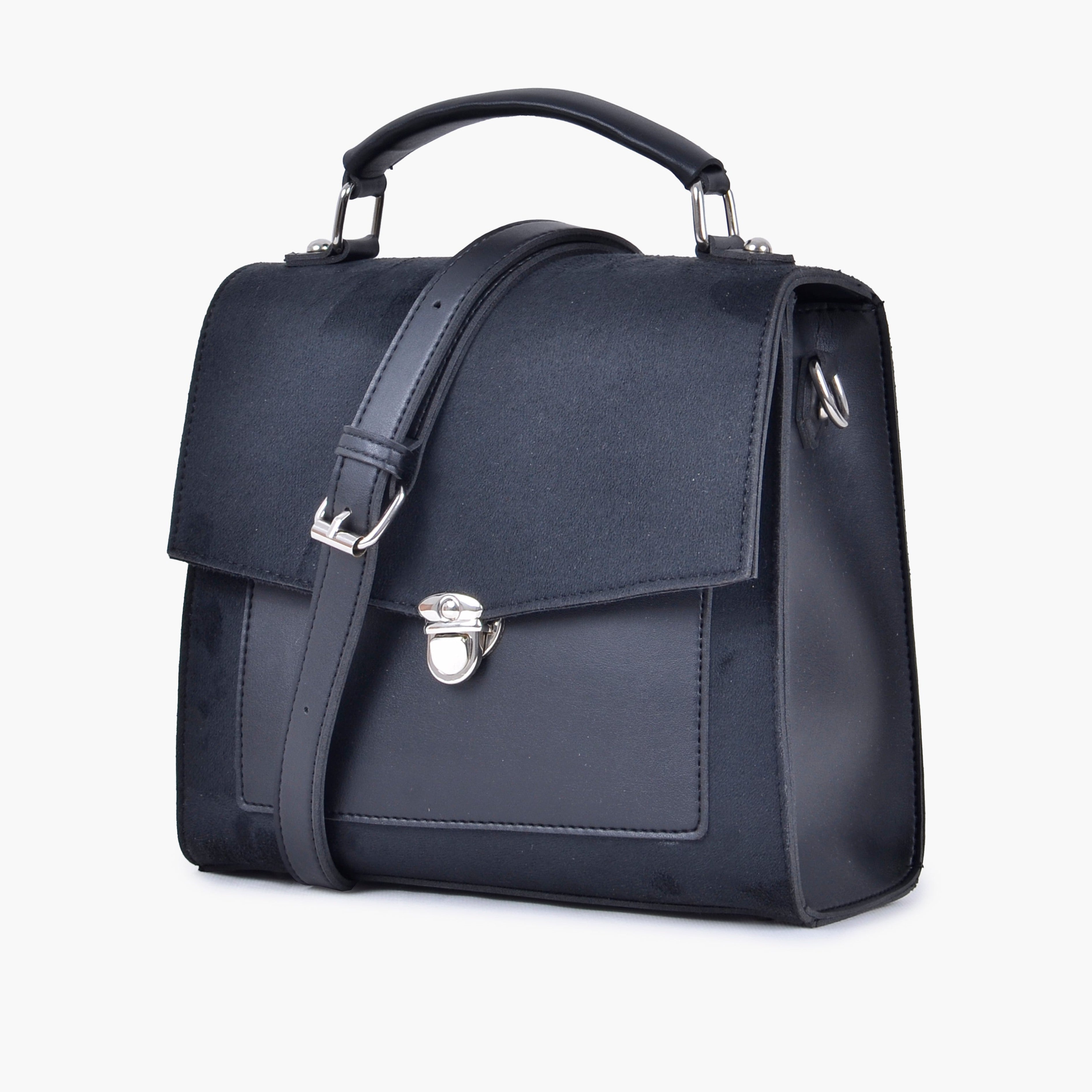 Black suede push-lock messenger bag