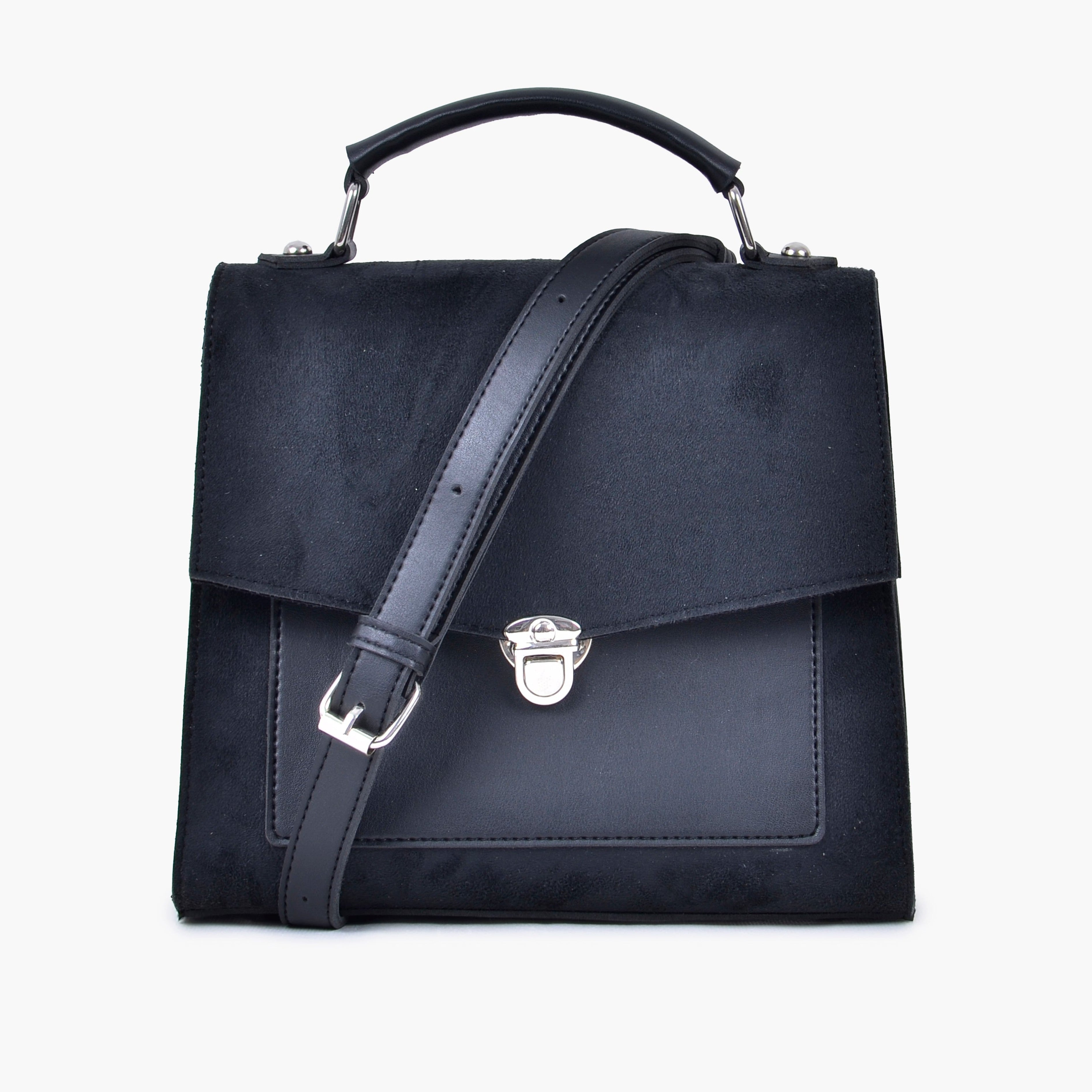 Black suede push-lock messenger bag