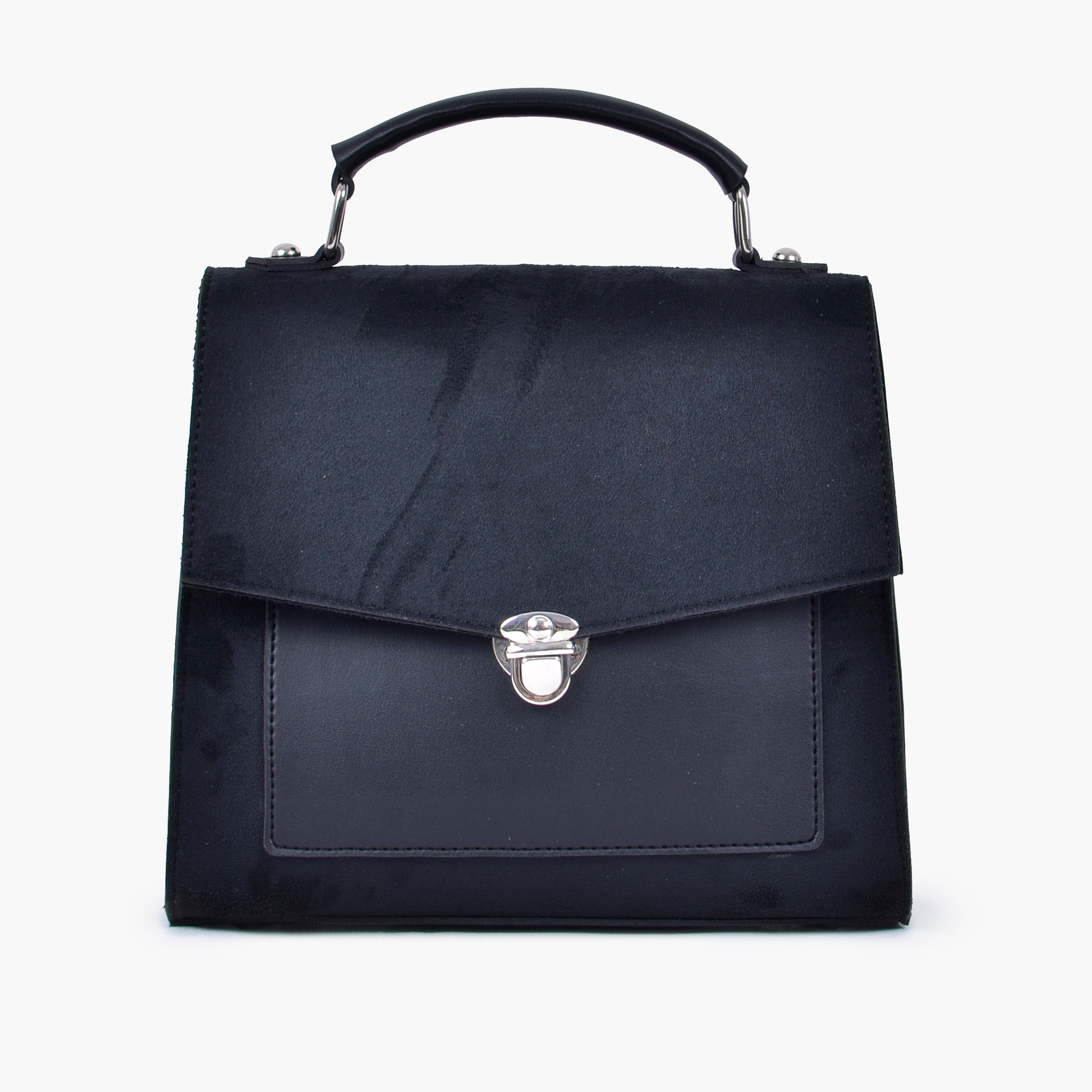 Black suede push-lock messenger bag