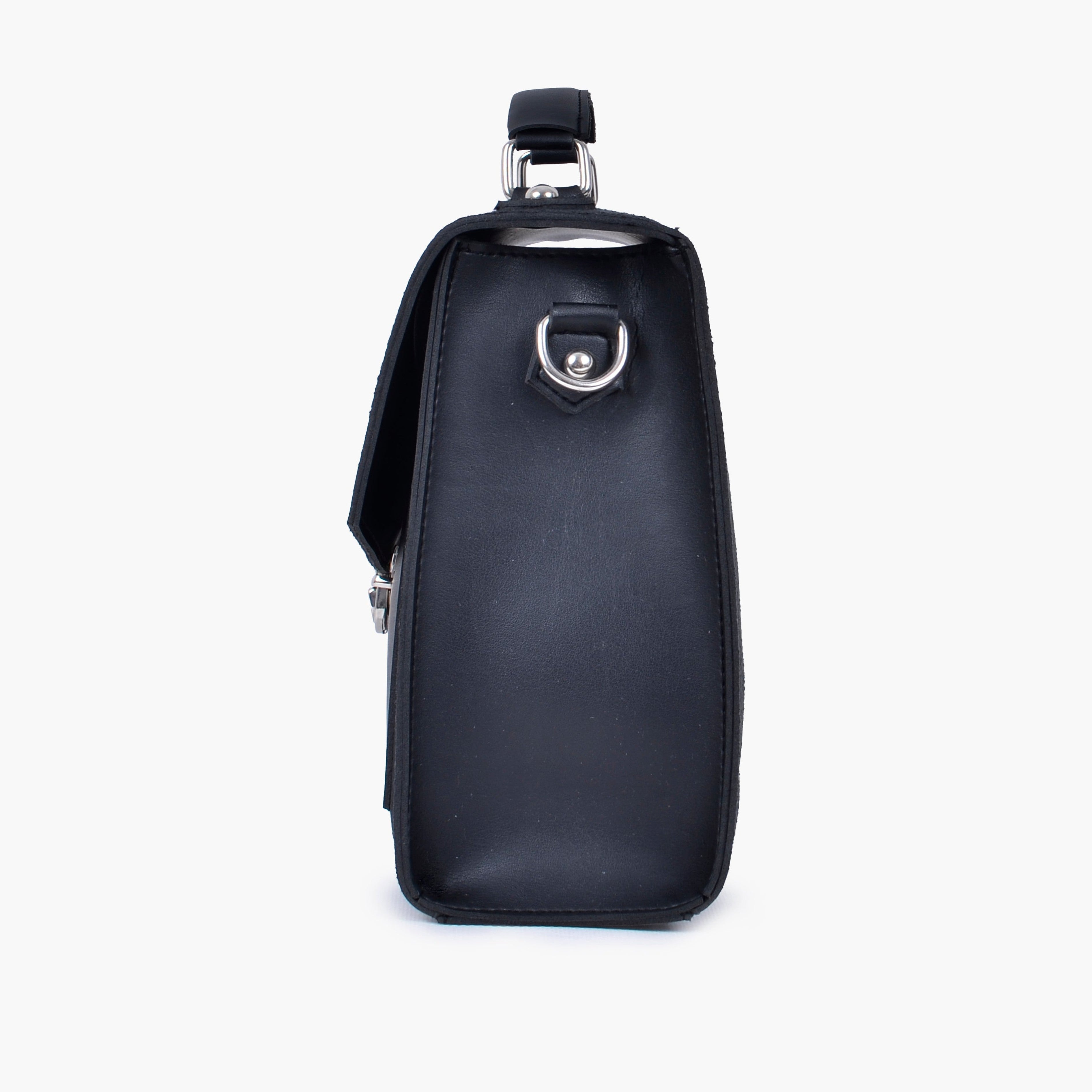 Black suede push-lock messenger bag