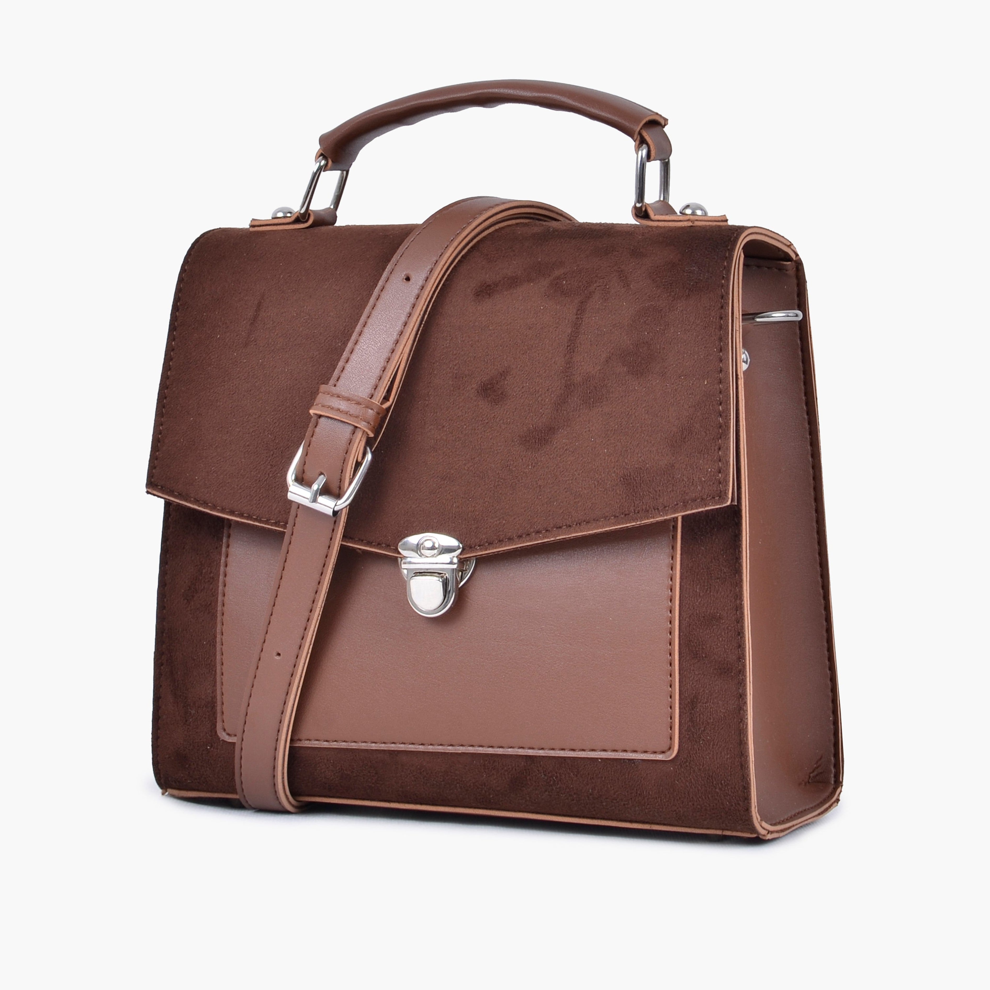 Brown suede push-lock messenger bag