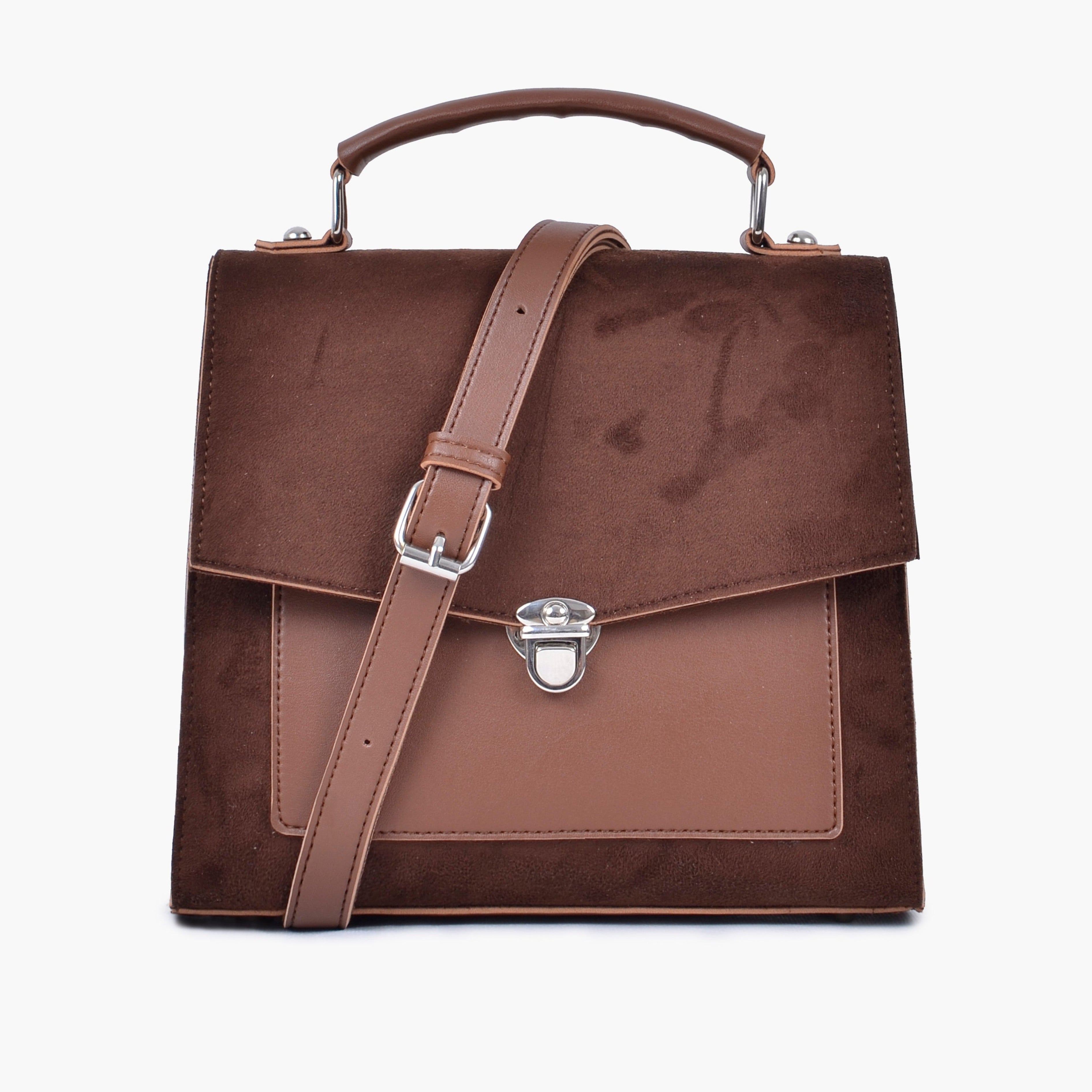Brown suede push-lock messenger bag