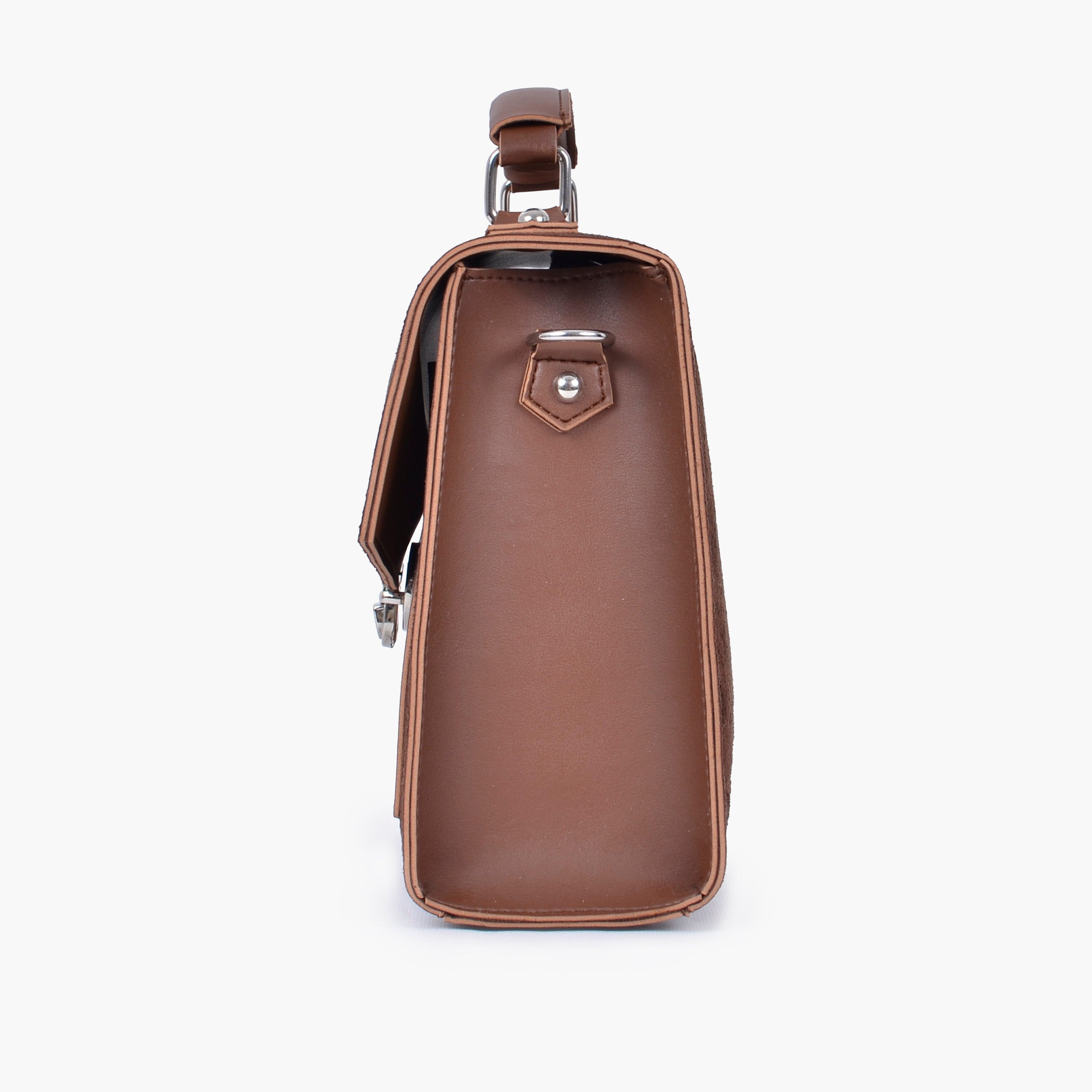 Brown suede push-lock messenger bag