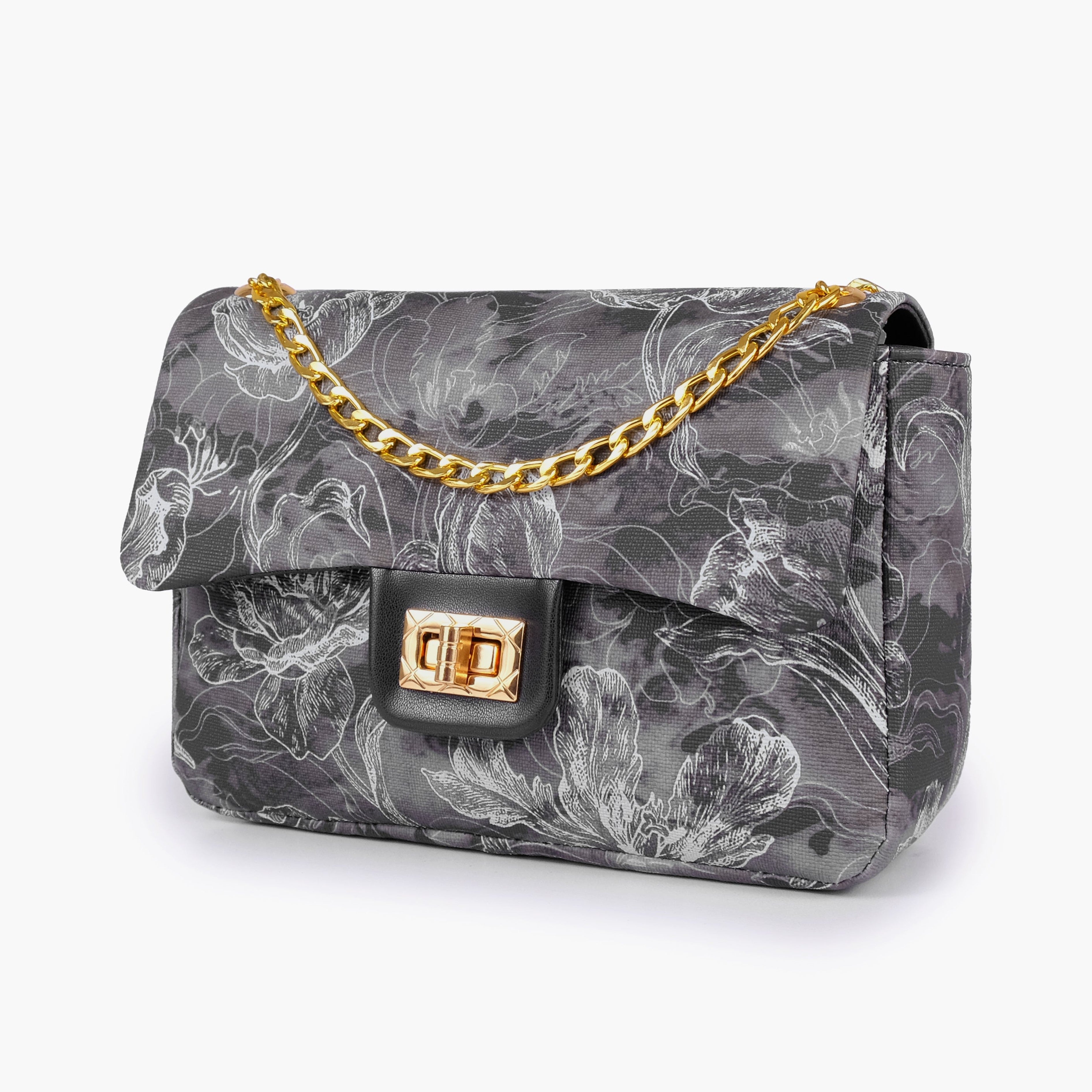 Black printed mini bag with chain