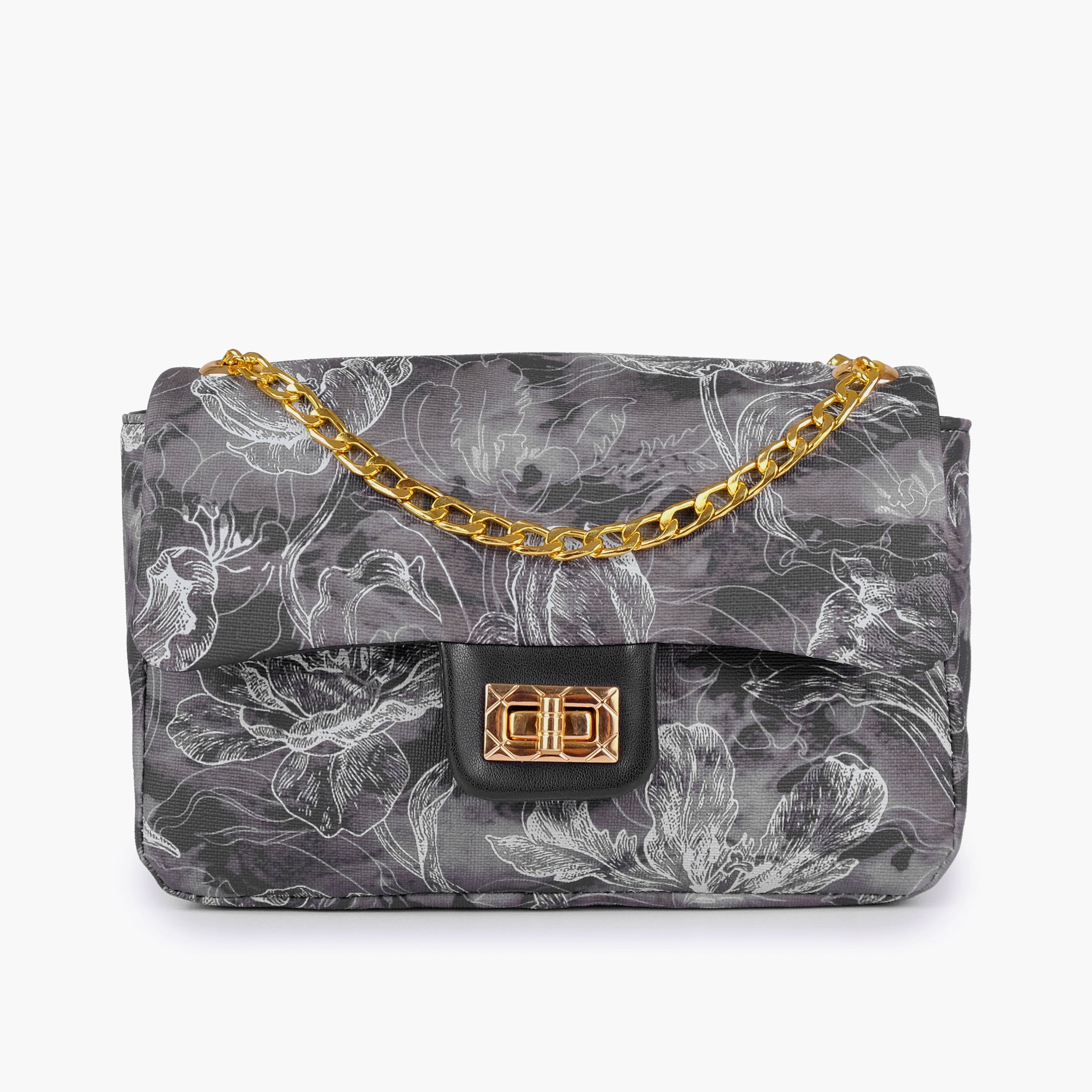 Black printed mini bag with chain