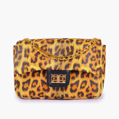Mustard printed mini bag with chain