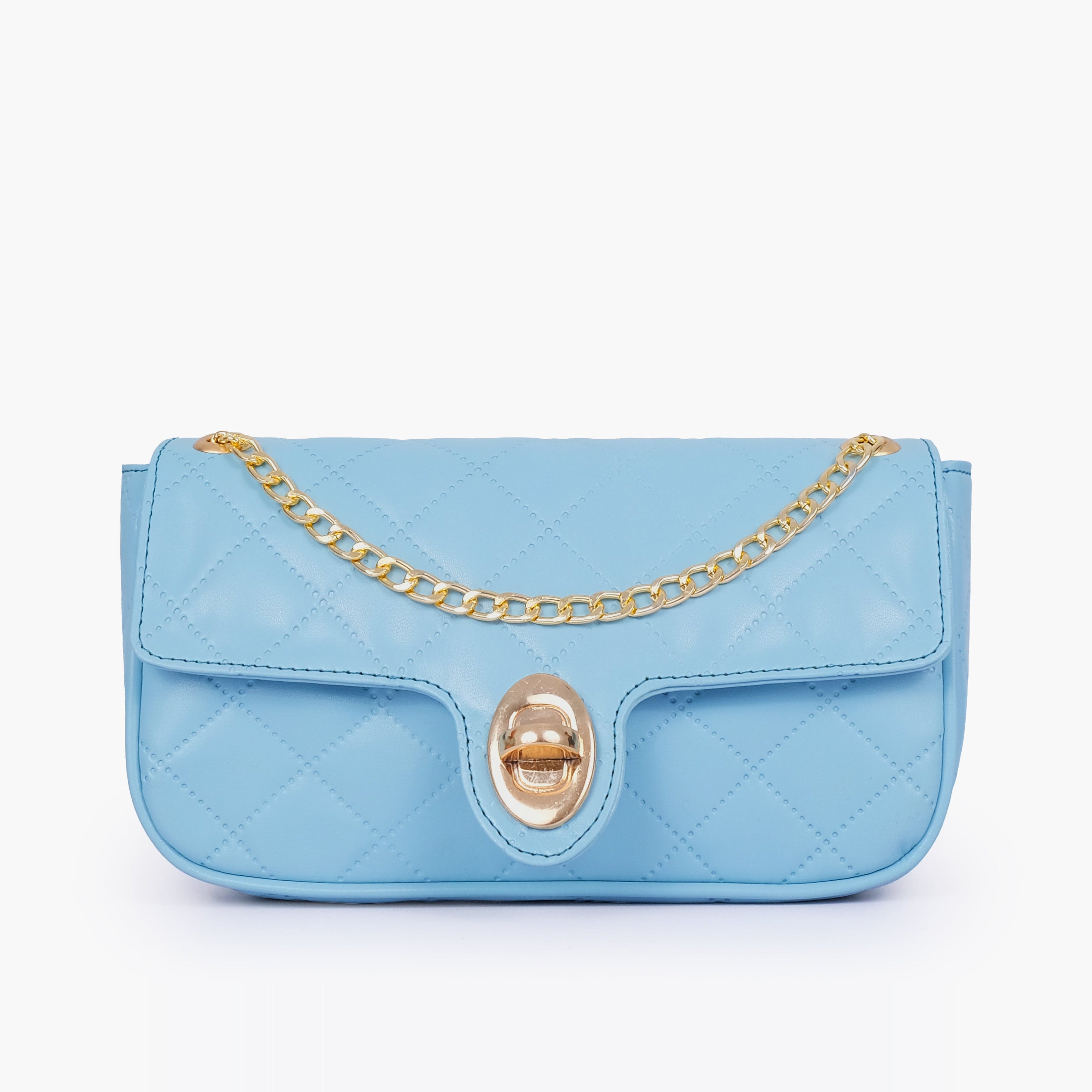 Sky blue quilted small shoulder bag with chain